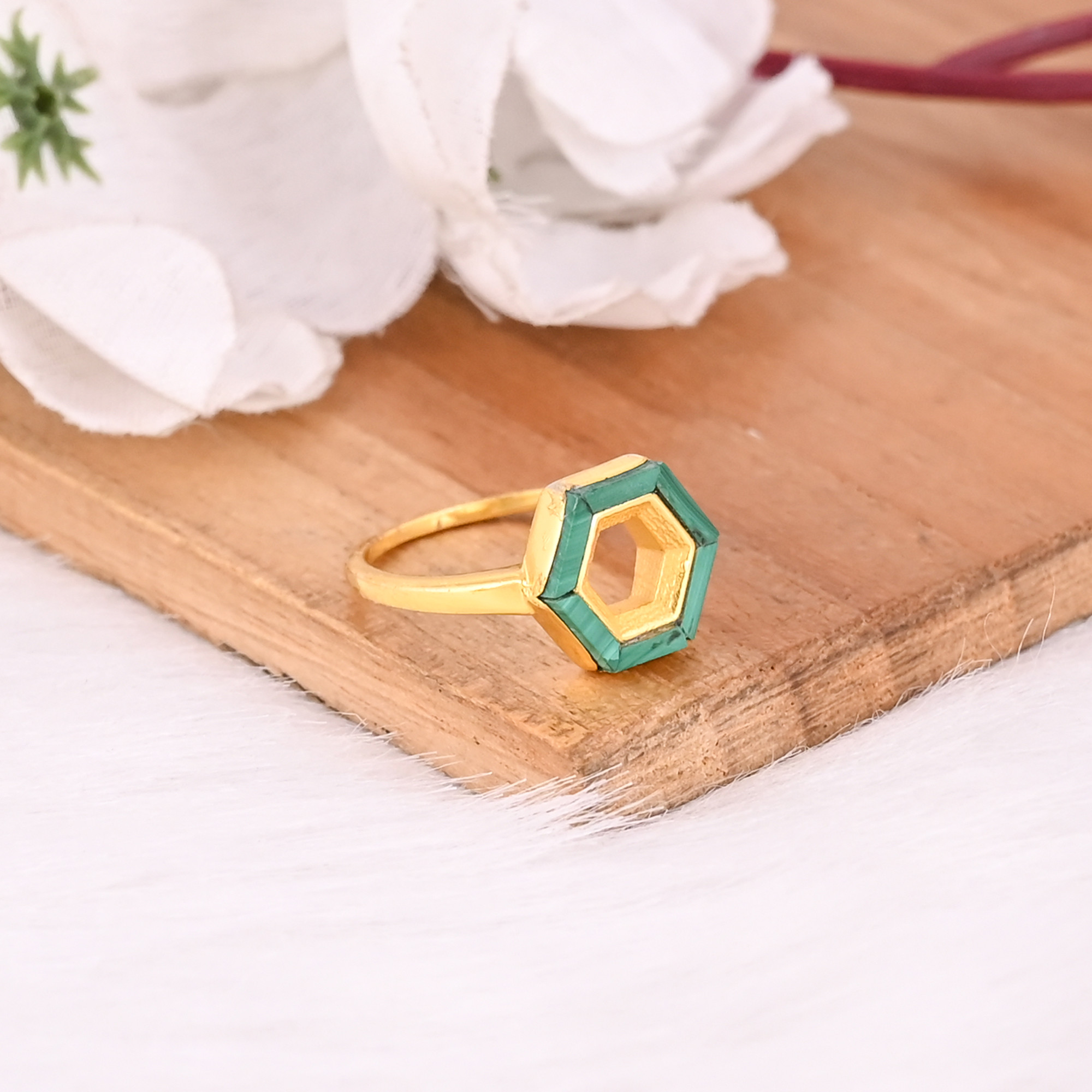 Malachite Gemstone Solid 925 Sterling Silver Yellow Gold Plated Designer Ring Unique Gift For Her