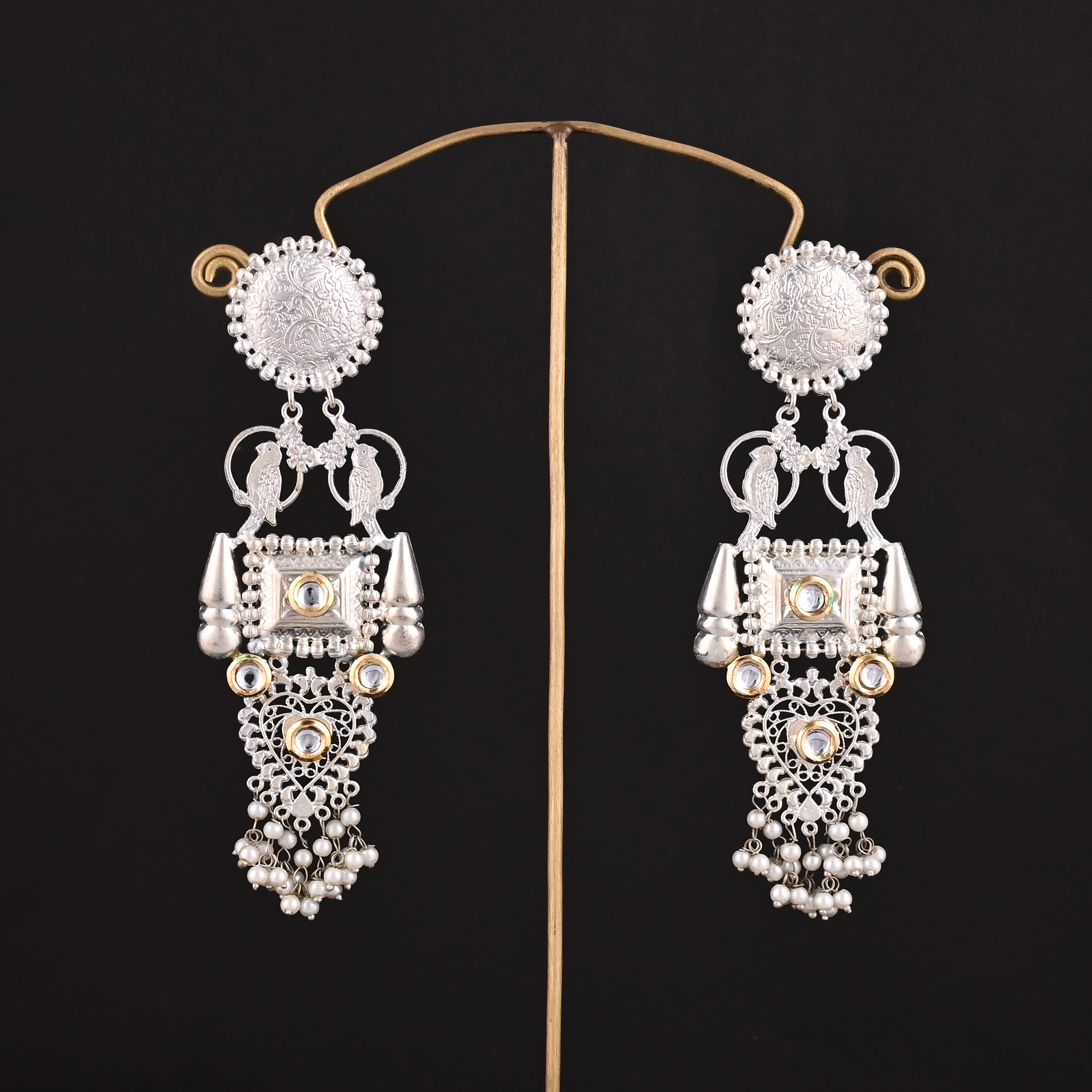 Kundan Pearls Stone German Silver Ethnic Design Dangle Earring