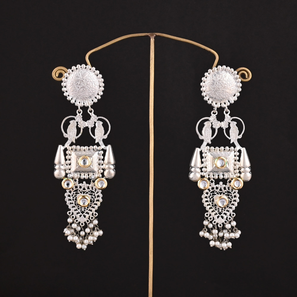 Image of Kundan, Pearl's Stone German Silver Ethnic Design Dangle Earring