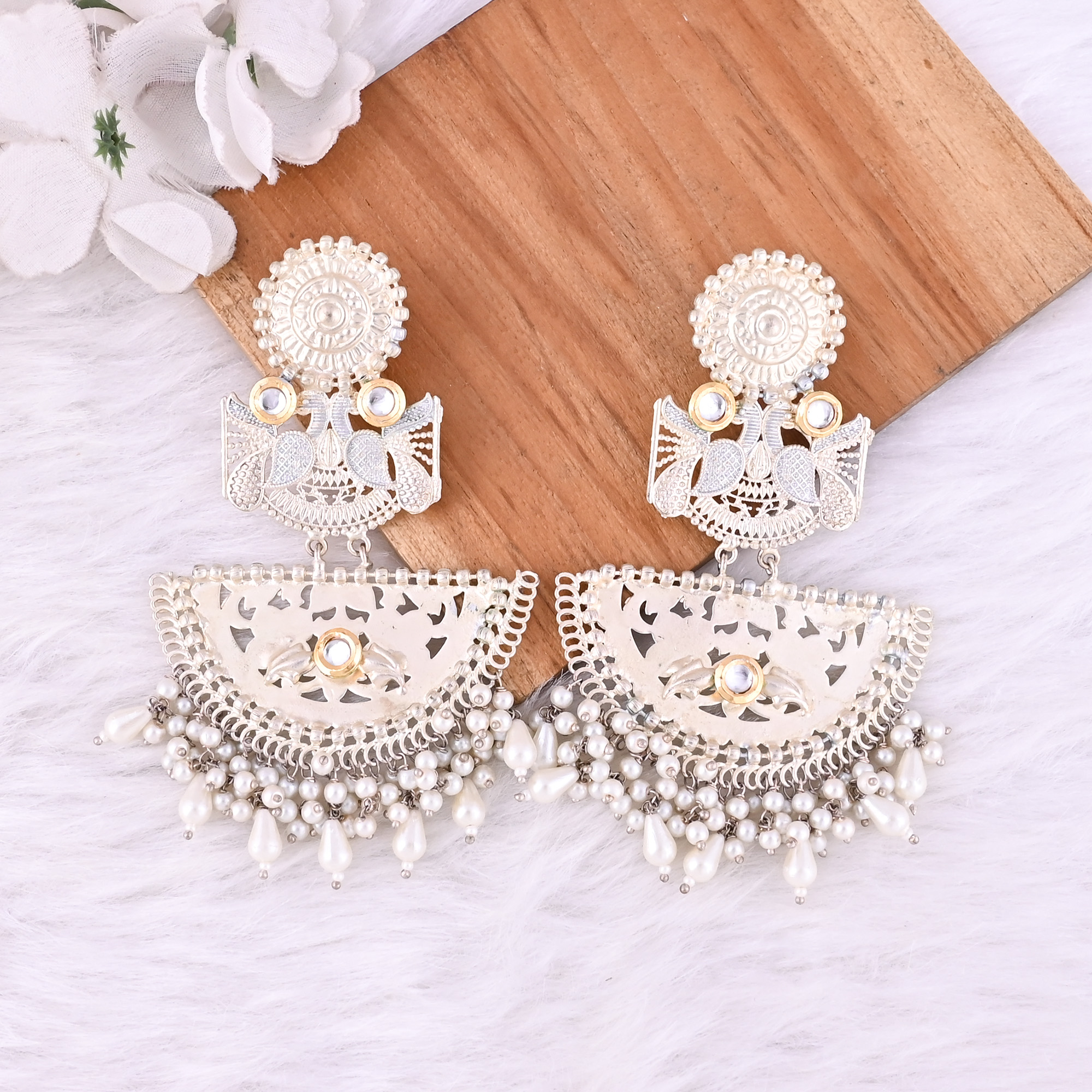 Kundan Pearl Stone German Silver Ethnic Design Dangle Earring