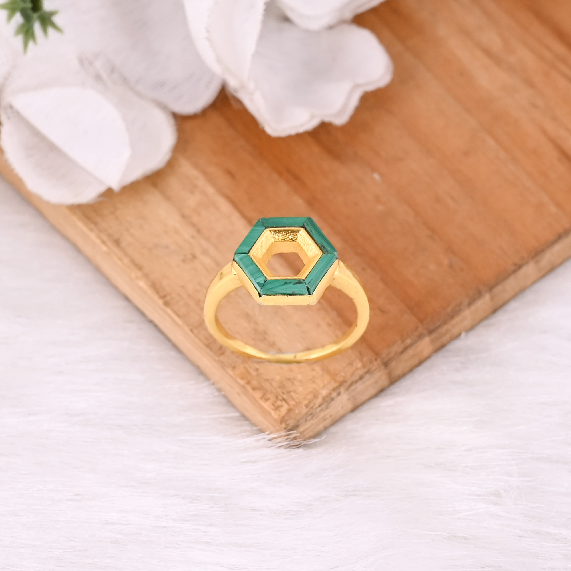 Malachite Gemstone Solid 925 Sterling Silver Yellow Gold Plated Designer Ring Unique Gift For Her
