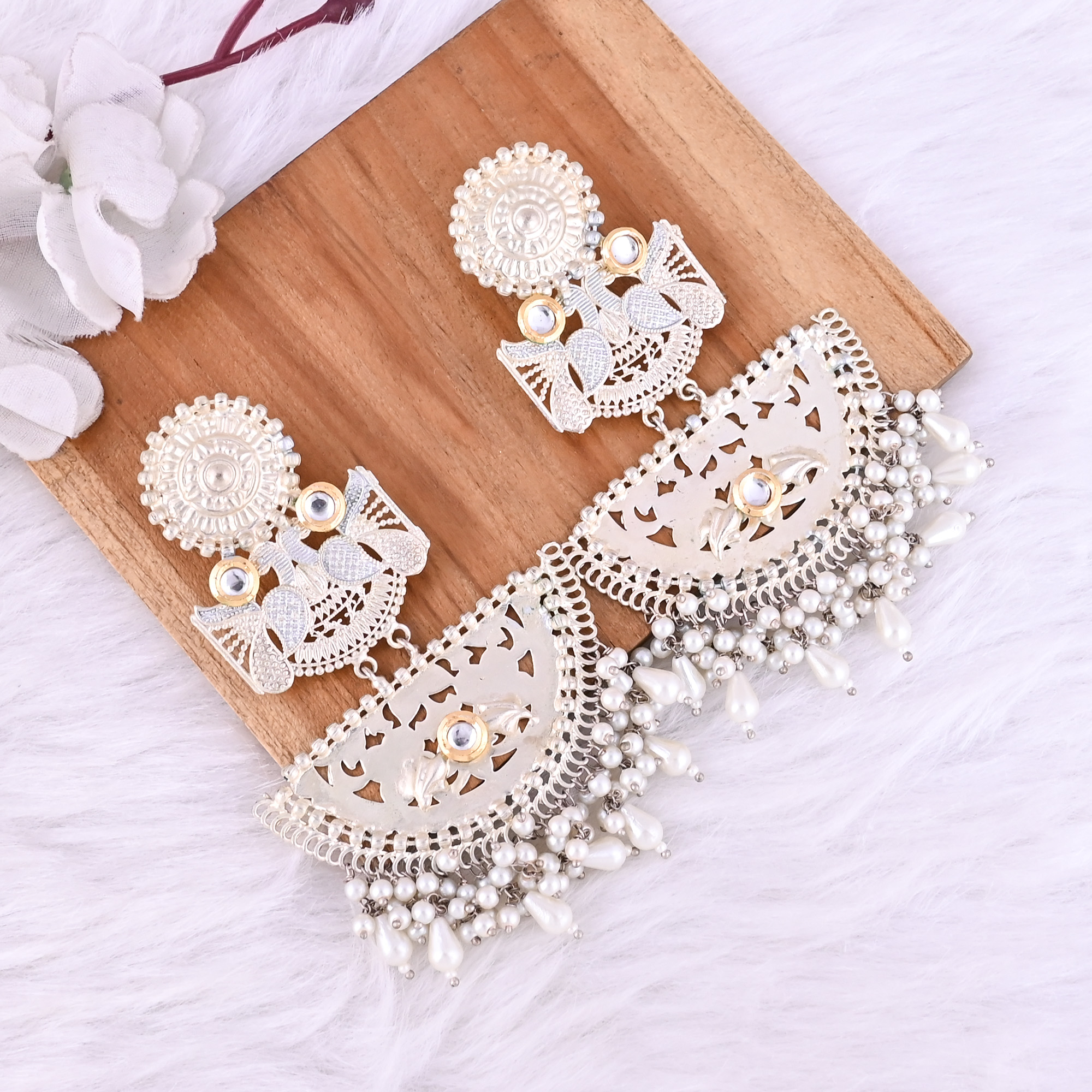 Kundan Pearl Stone German Silver Ethnic Design Dangle Earring