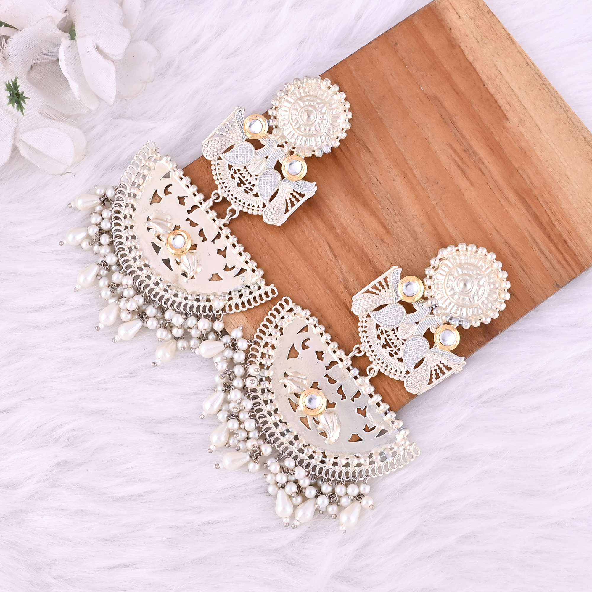 Kundan Pearl Stone German Silver Ethnic Design Dangle Earring