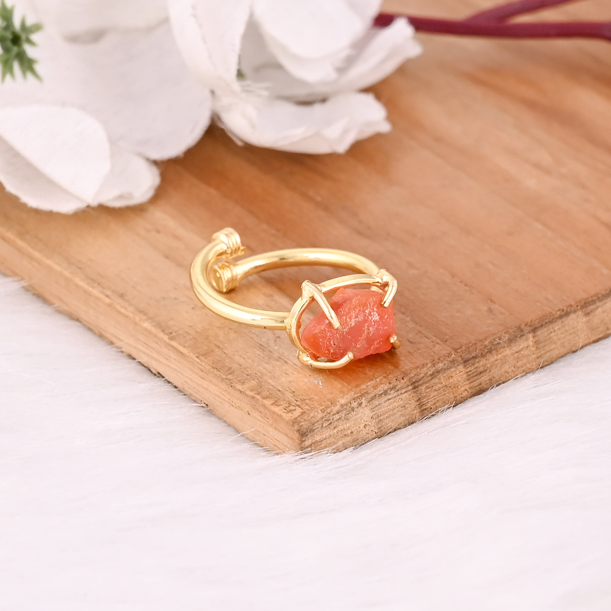 Solid 925 Sterling Silver Yellow Gold Plated Natural Carnelian Rough Gemstone Adjustable Handmade Designer Ring