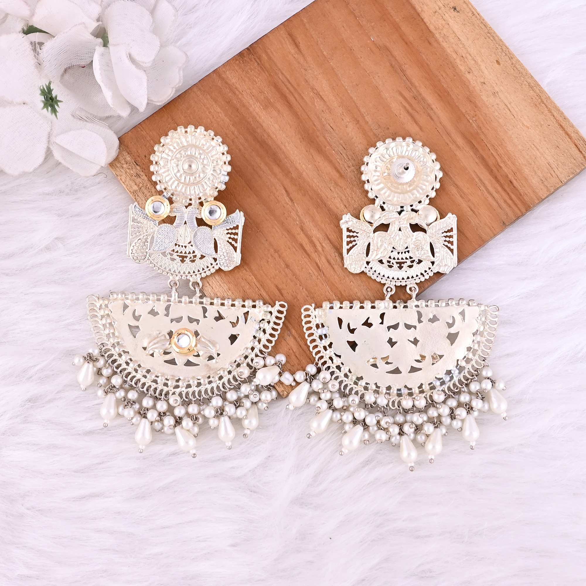 Kundan Pearl Stone German Silver Ethnic Design Dangle Earring