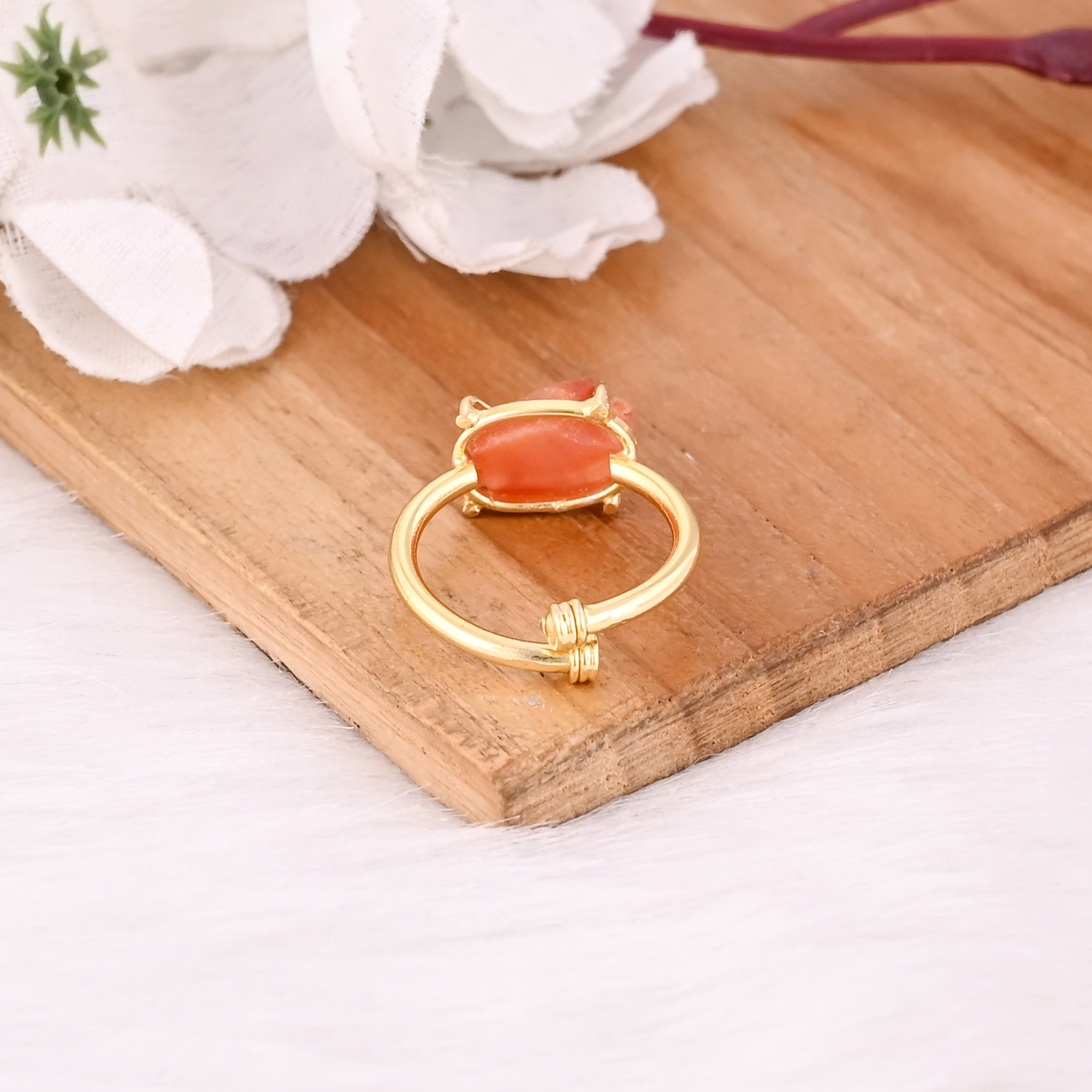 Solid 925 Sterling Silver Yellow Gold Plated Natural Carnelian Rough Gemstone Adjustable Handmade Designer Ring