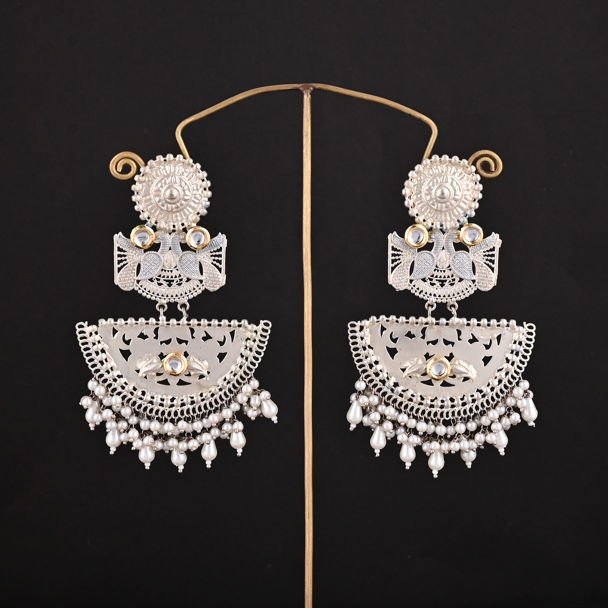 Kundan Pearl Stone German Silver Ethnic Design Dangle Earring
