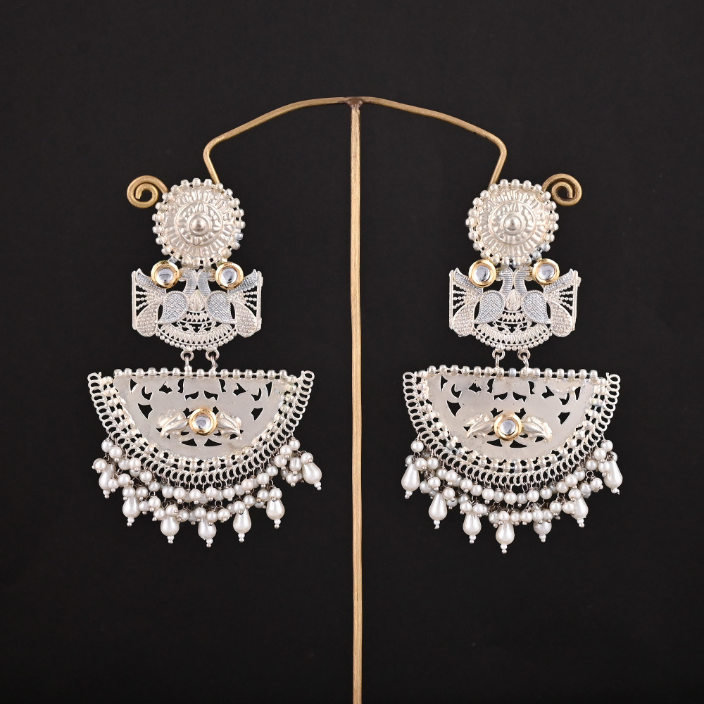 Image of Kundan, Pearl Stone German Silver Ethnic Design Dangle Earring