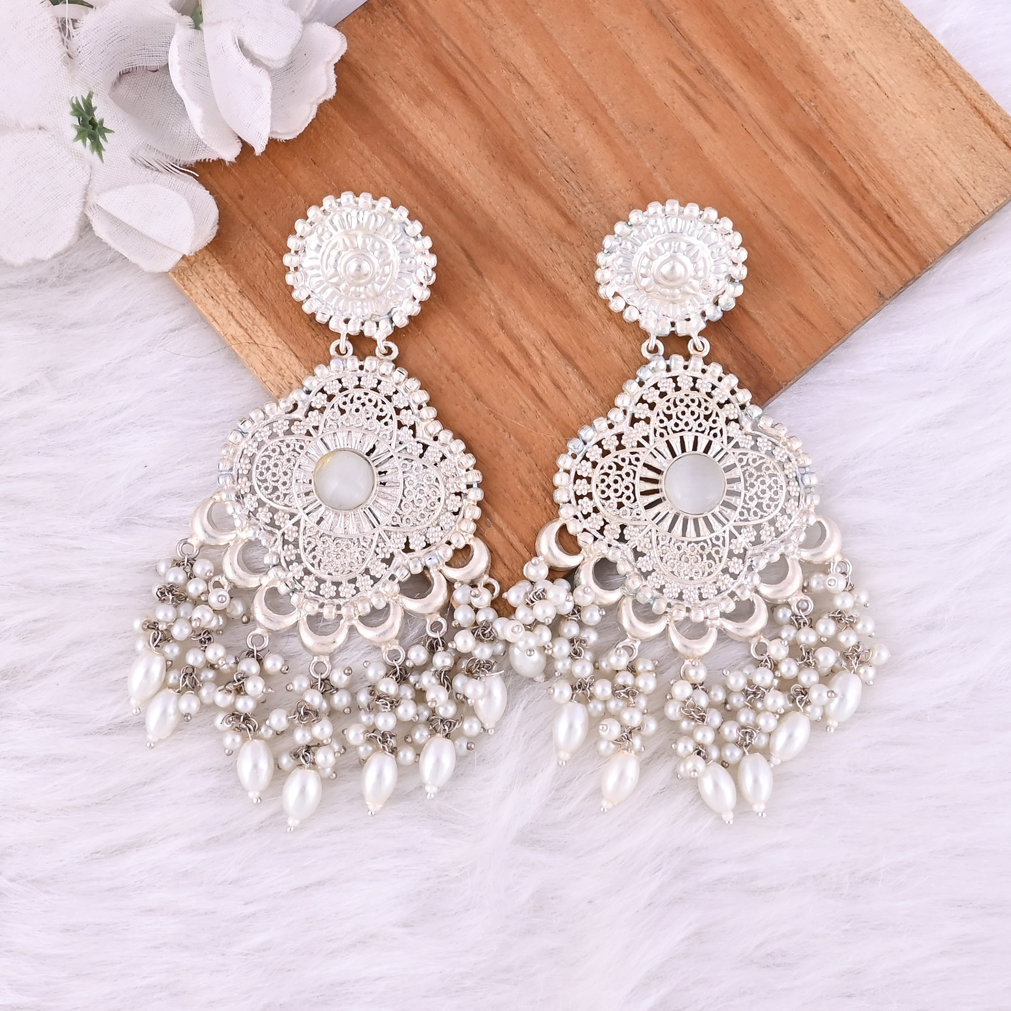 Gray Catseye Pearls German Silver Ethnic Design Long Dangle Earrings
