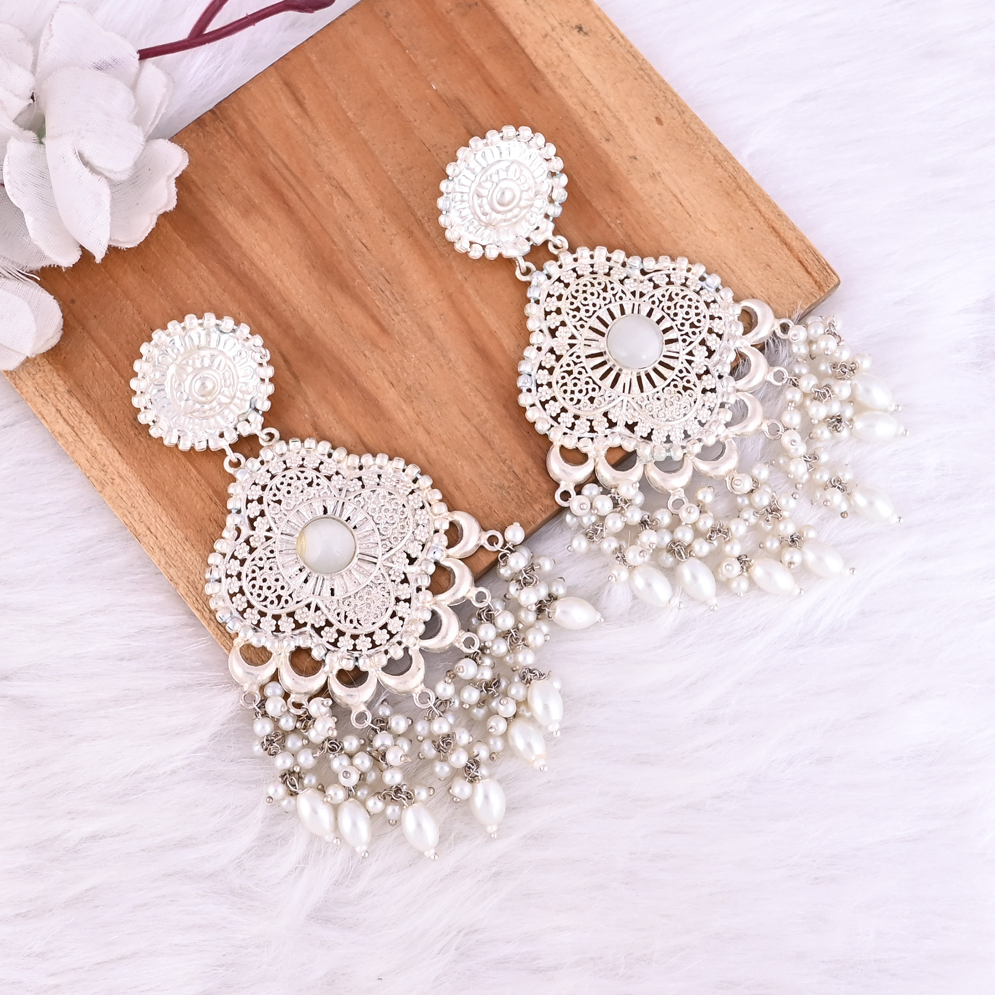 Gray Catseye Pearls German Silver Ethnic Design Long Dangle Earrings