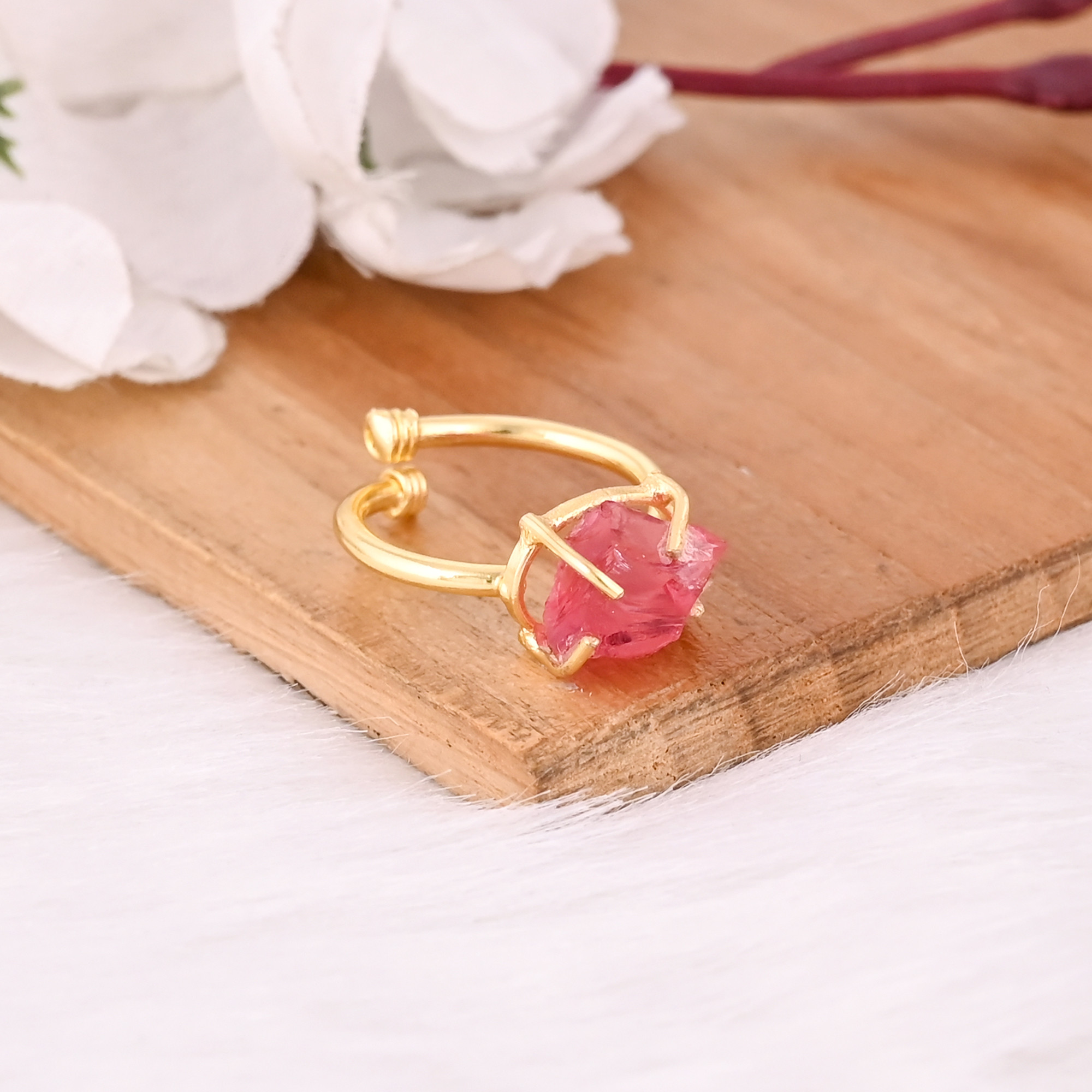 Pink Hydro Gemstone Solid 925 Sterling Silver Yellow Gold Plated Handmade Prong Setting Adjustable Ring
