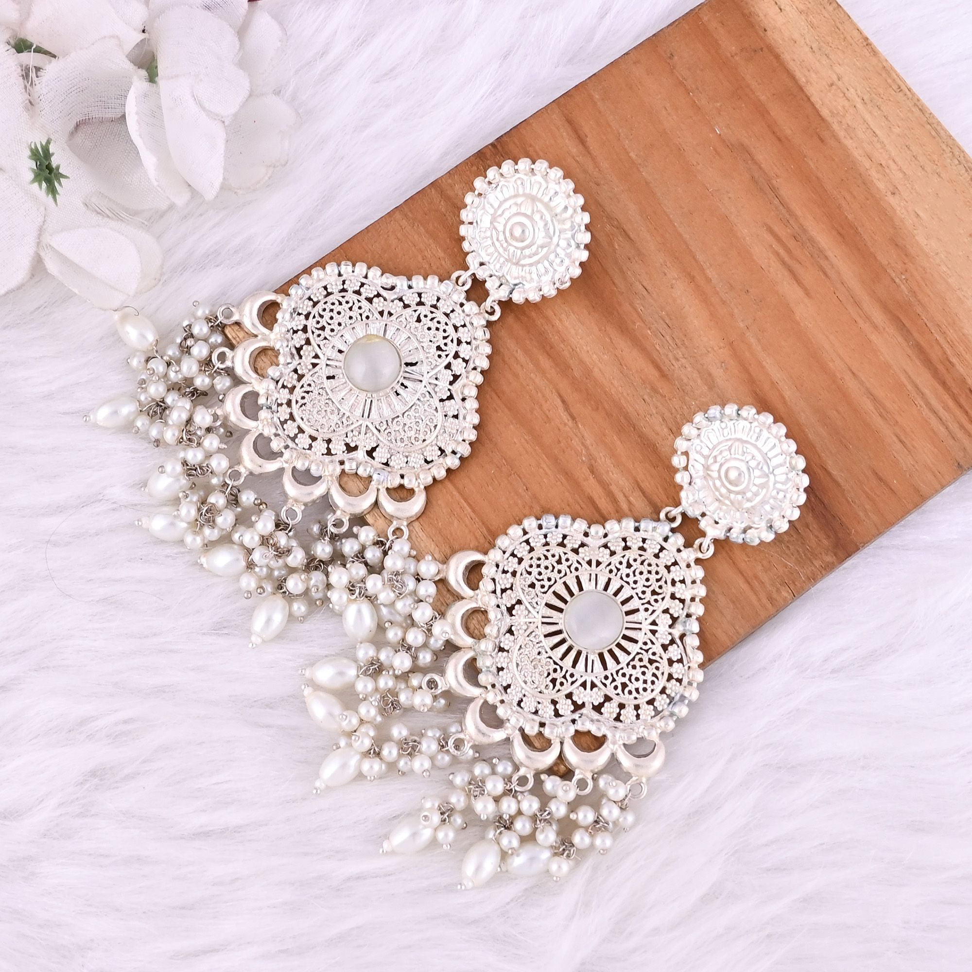 Gray Catseye Pearls German Silver Ethnic Design Long Dangle Earrings