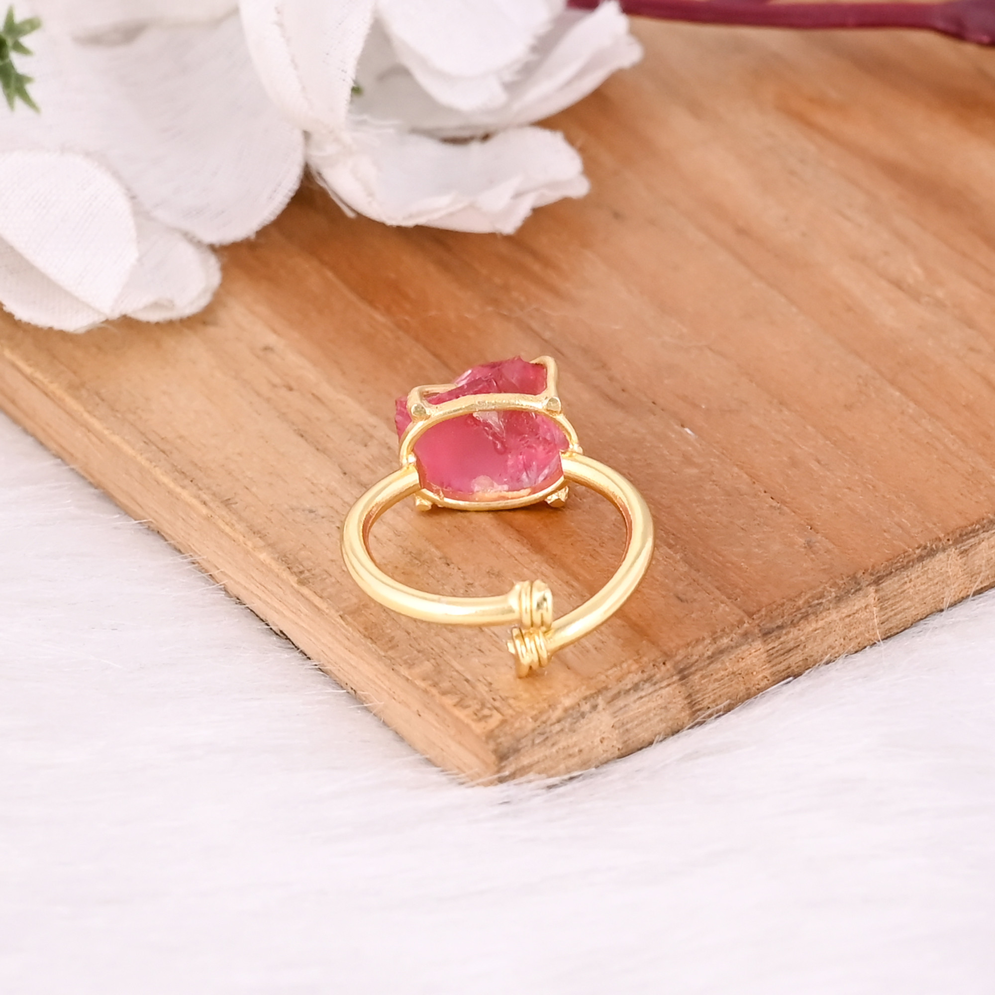 Pink Hydro Gemstone Solid 925 Sterling Silver Yellow Gold Plated Handmade Prong Setting Adjustable Ring