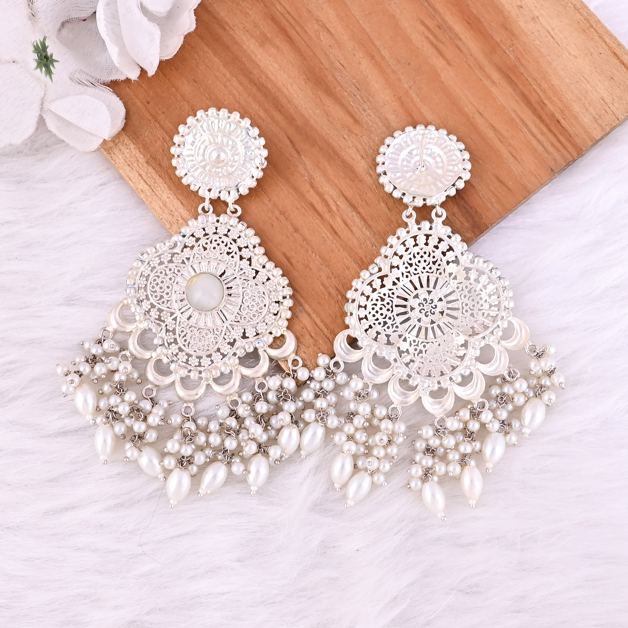 Gray Catseye Pearls German Silver Ethnic Design Long Dangle Earrings