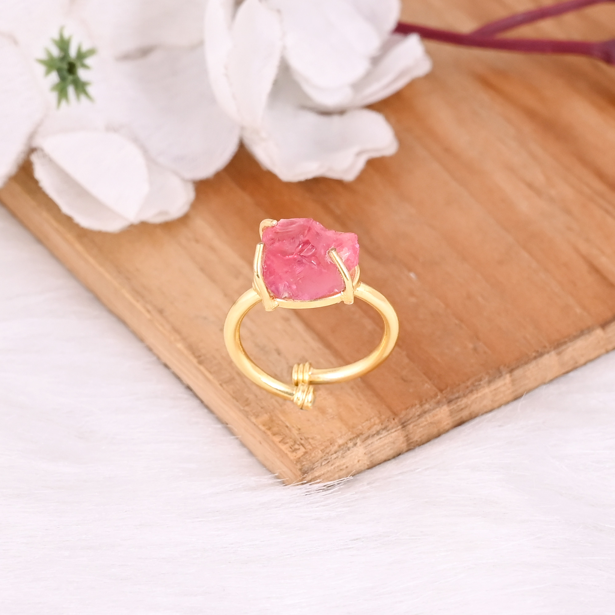 Pink Hydro Gemstone Solid 925 Sterling Silver Yellow Gold Plated Handmade Prong Setting Adjustable Ring
