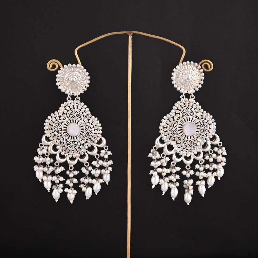 Image of Gray Cat'seye, Pearl's German Silver Ethnic Design Long Dangle Earring's
