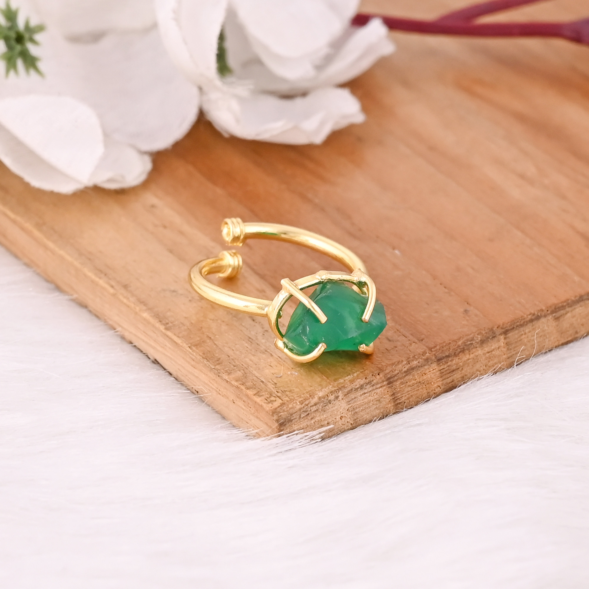 Solid 925 Sterling Silver Yellow Gold Plated Green Onyx Rough Gemstone Adjustable Handmade Prong Setting Ring