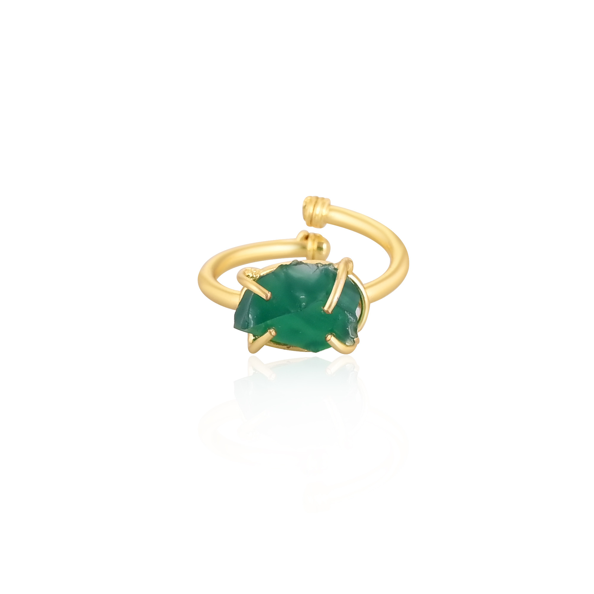 Solid 925 Sterling Silver Yellow Gold Plated Green Onyx Rough Gemstone Adjustable Handmade Prong Setting Ring