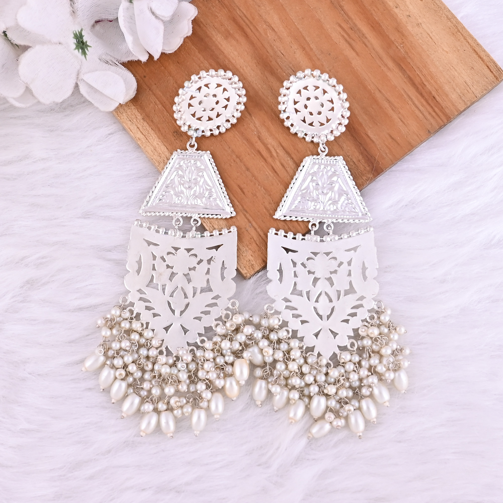 Pearls German Silver Ethnic Design Long Dangle Earrings