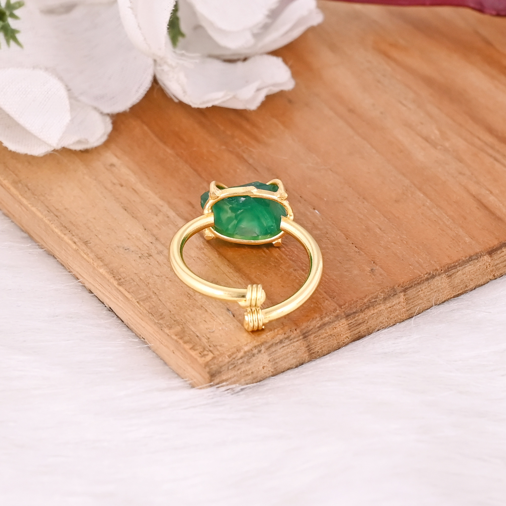 Solid 925 Sterling Silver Yellow Gold Plated Green Onyx Rough Gemstone Adjustable Handmade Prong Setting Ring