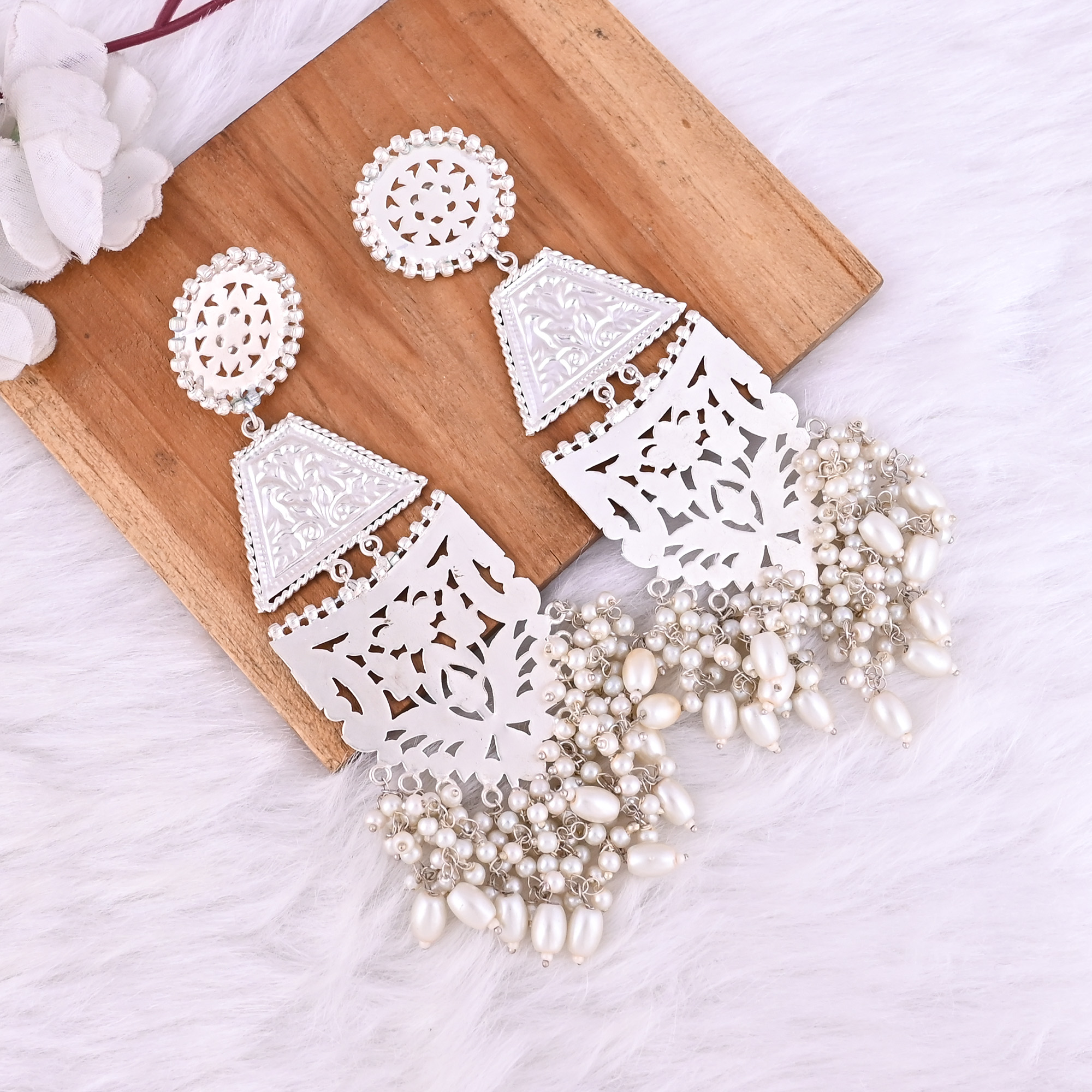 Pearls  German Silver Ethnic Design Long Dangle Earrings