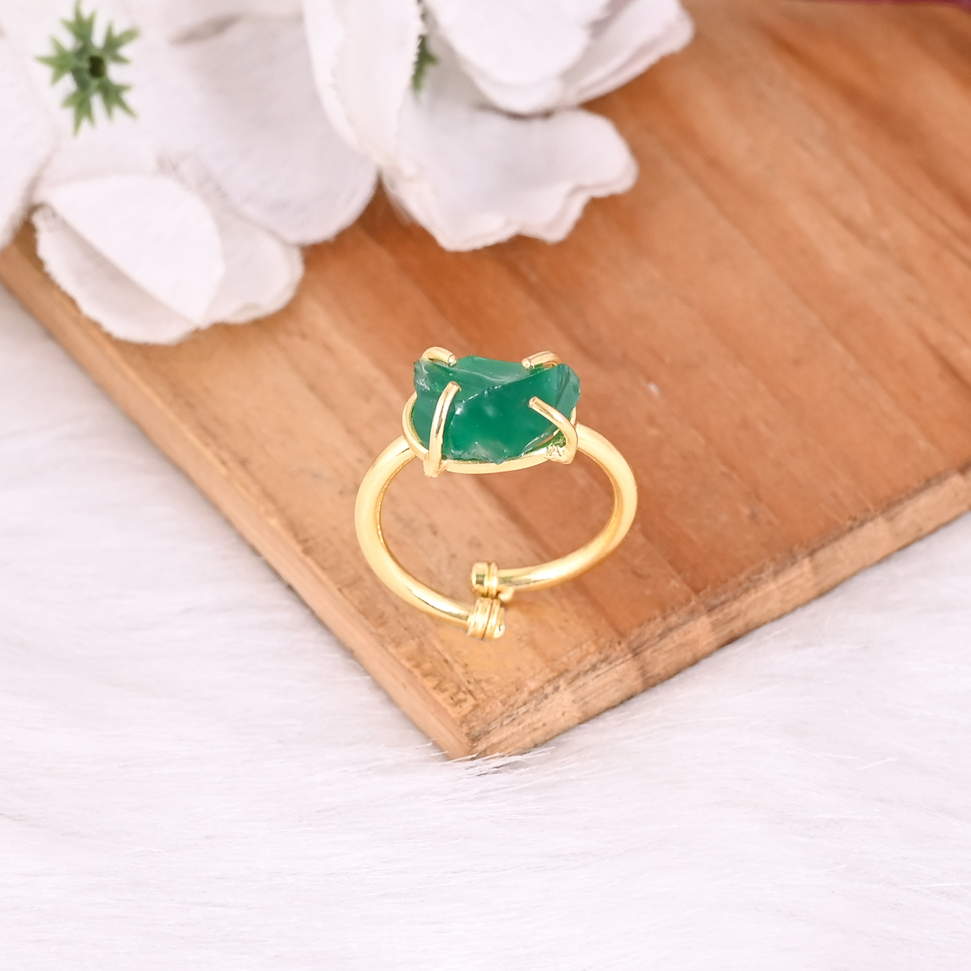 Solid 925 Sterling Silver Yellow Gold Plated Green Onyx Rough Gemstone Adjustable Handmade Prong Setting Ring