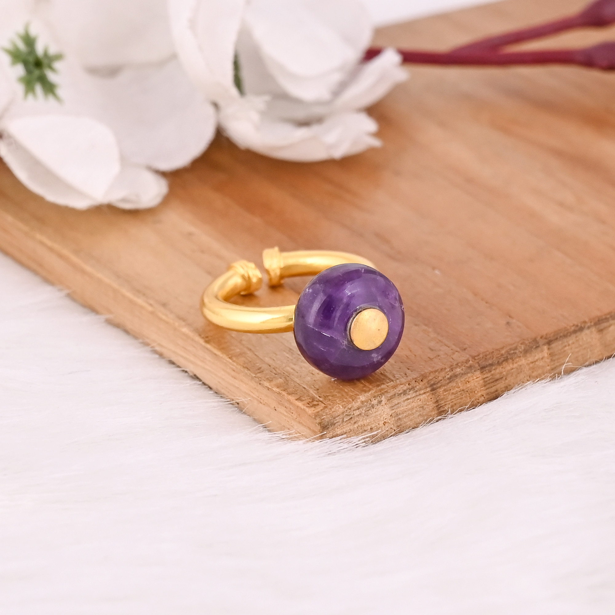Solid 925 Sterling Silver Purple Amethyst Roundel Big Hole Beads Yellow Gold Plated Stackable Anniversary Gift Adjustable Ring