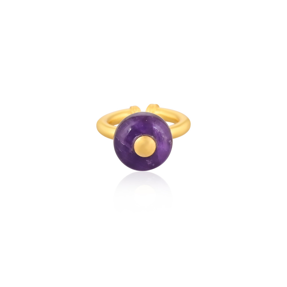 Image of Solid 925 Sterling Silver Purple Amethyst Roundel Big Hole Beads Yellow Gold Plated Stackable Anniversary Gift Adjustable Ring