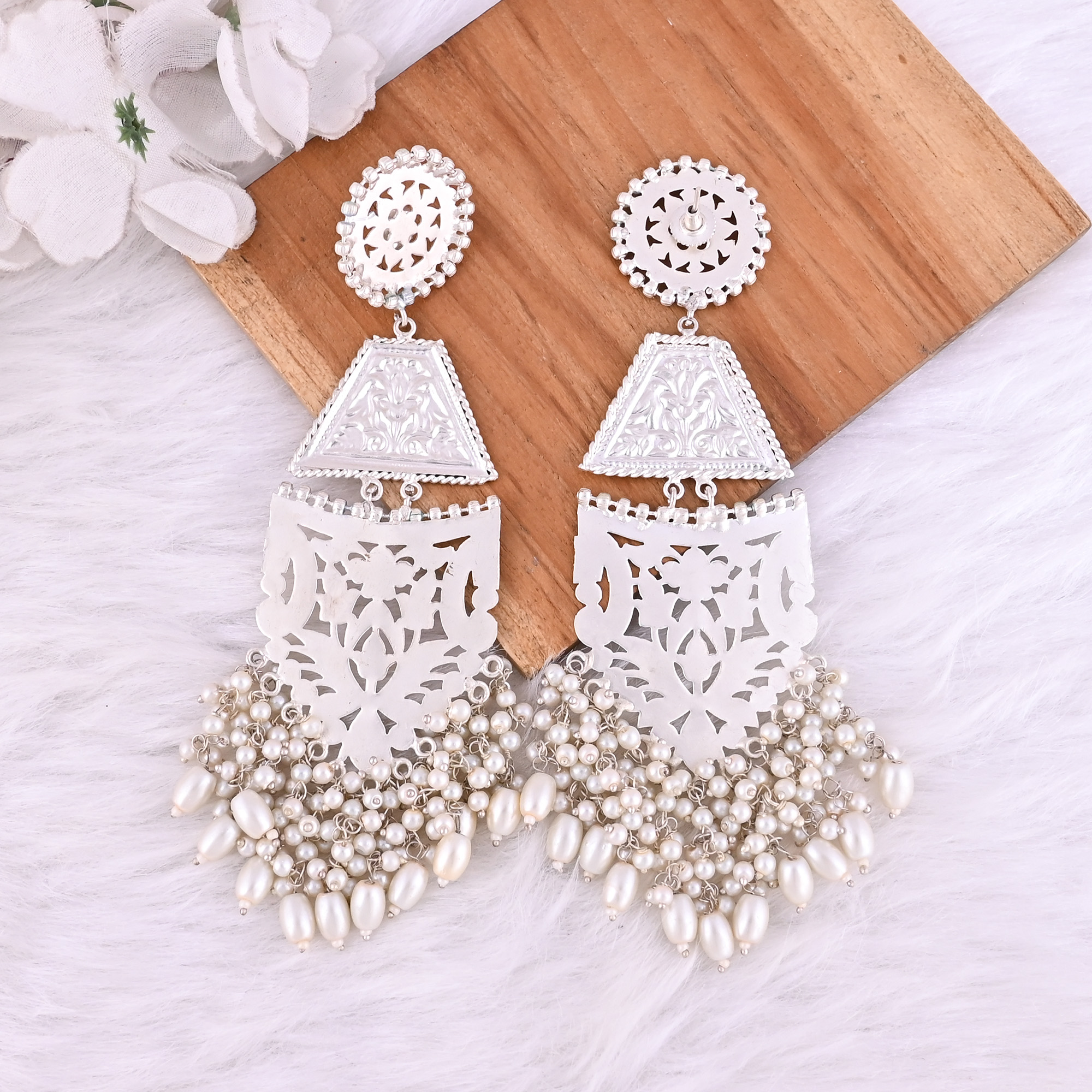 Pearls  German Silver Ethnic Design Long Dangle Earrings