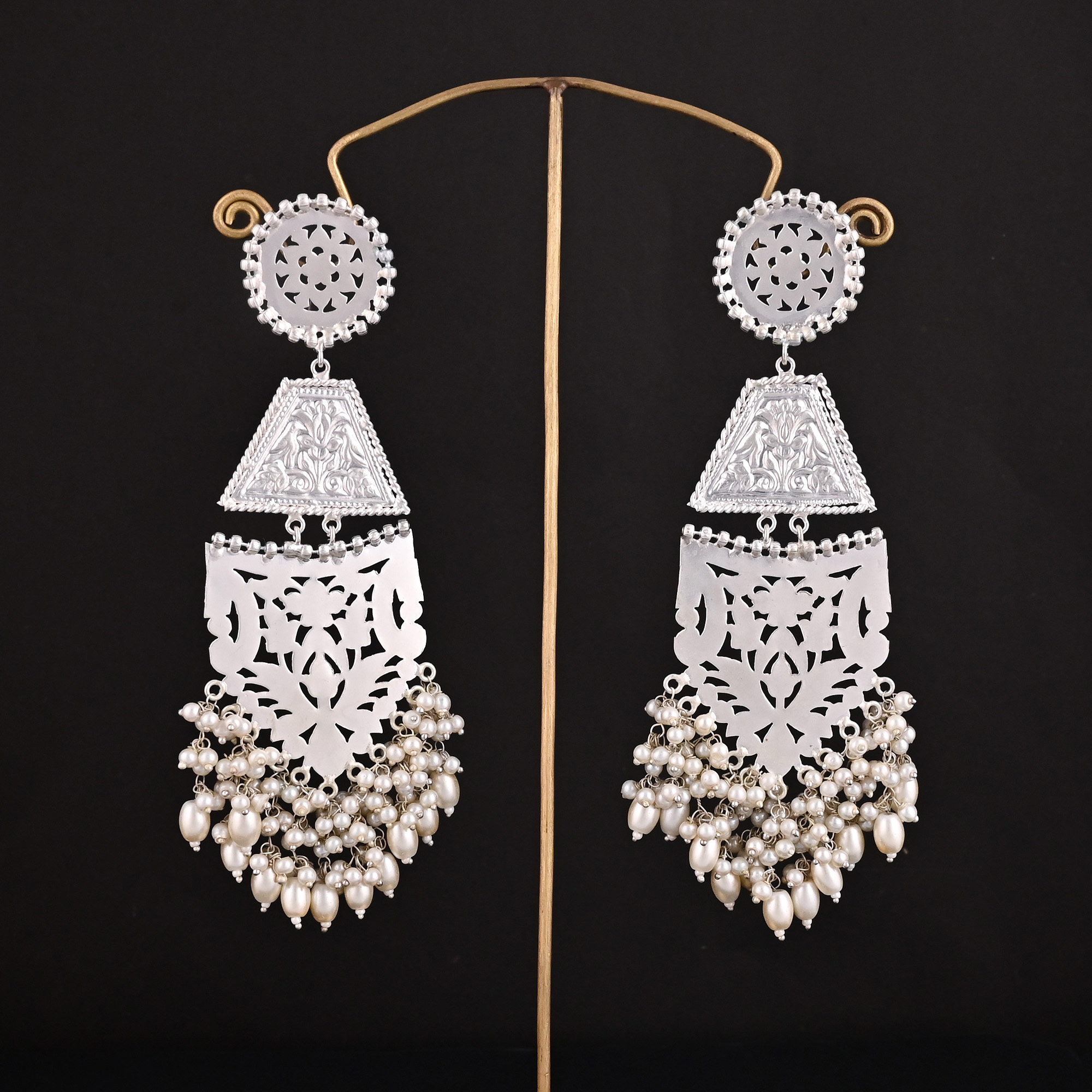 Pearls German Silver Ethnic Design Long Dangle Earrings