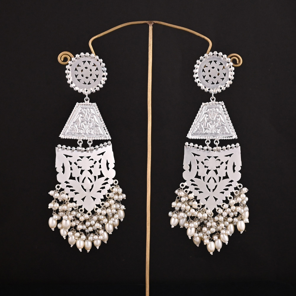 Image of Pearl's  German Silver Ethnic Design Long Dangle Earring's