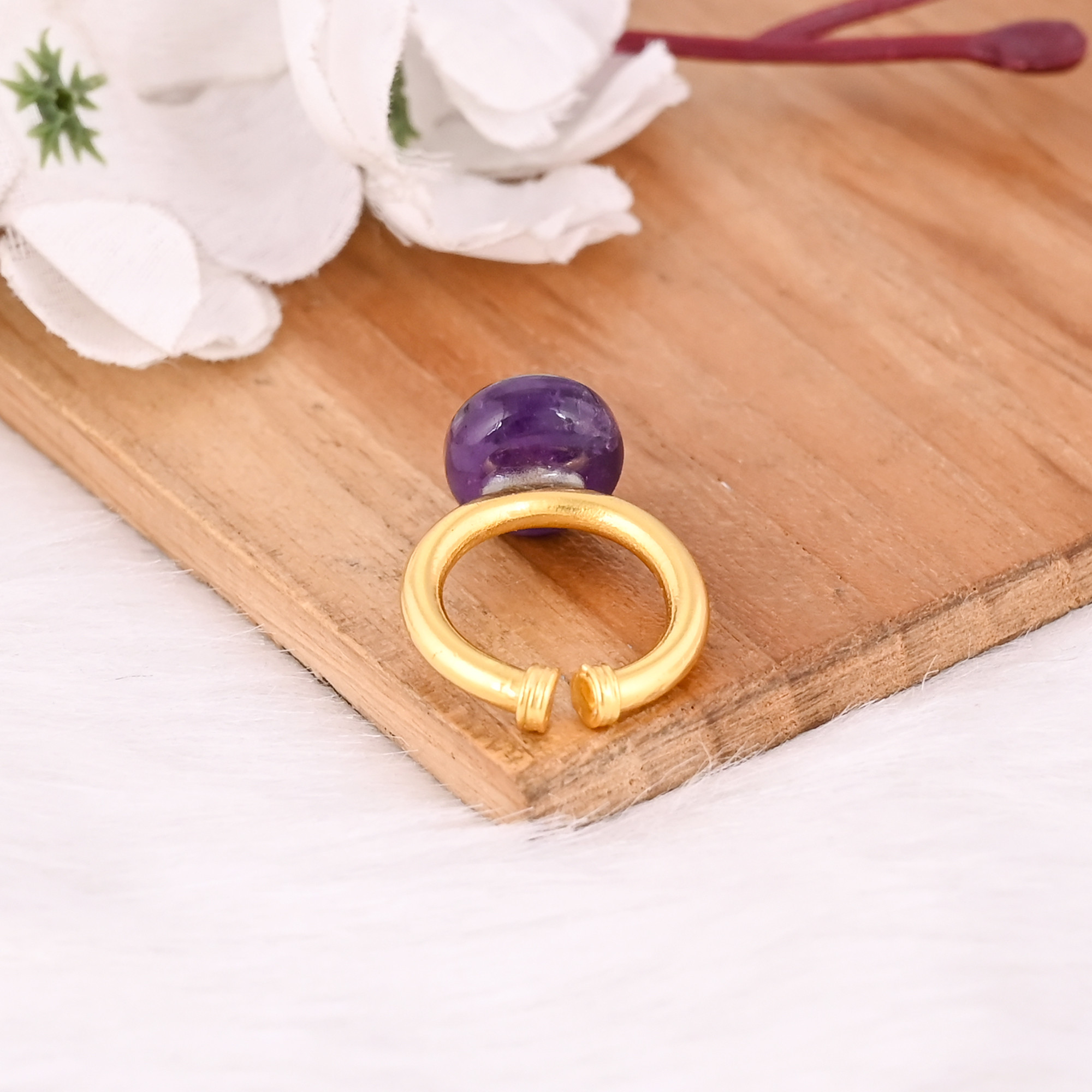 Solid 925 Sterling Silver Purple Amethyst Roundel Big Hole Beads Yellow Gold Plated Stackable Anniversary Gift Adjustable Ring