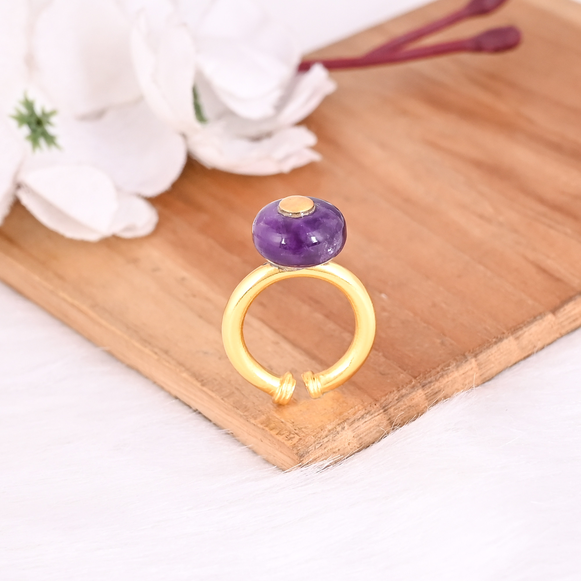 Solid 925 Sterling Silver Purple Amethyst Roundel Big Hole Beads Yellow Gold Plated Stackable Anniversary Gift Adjustable Ring