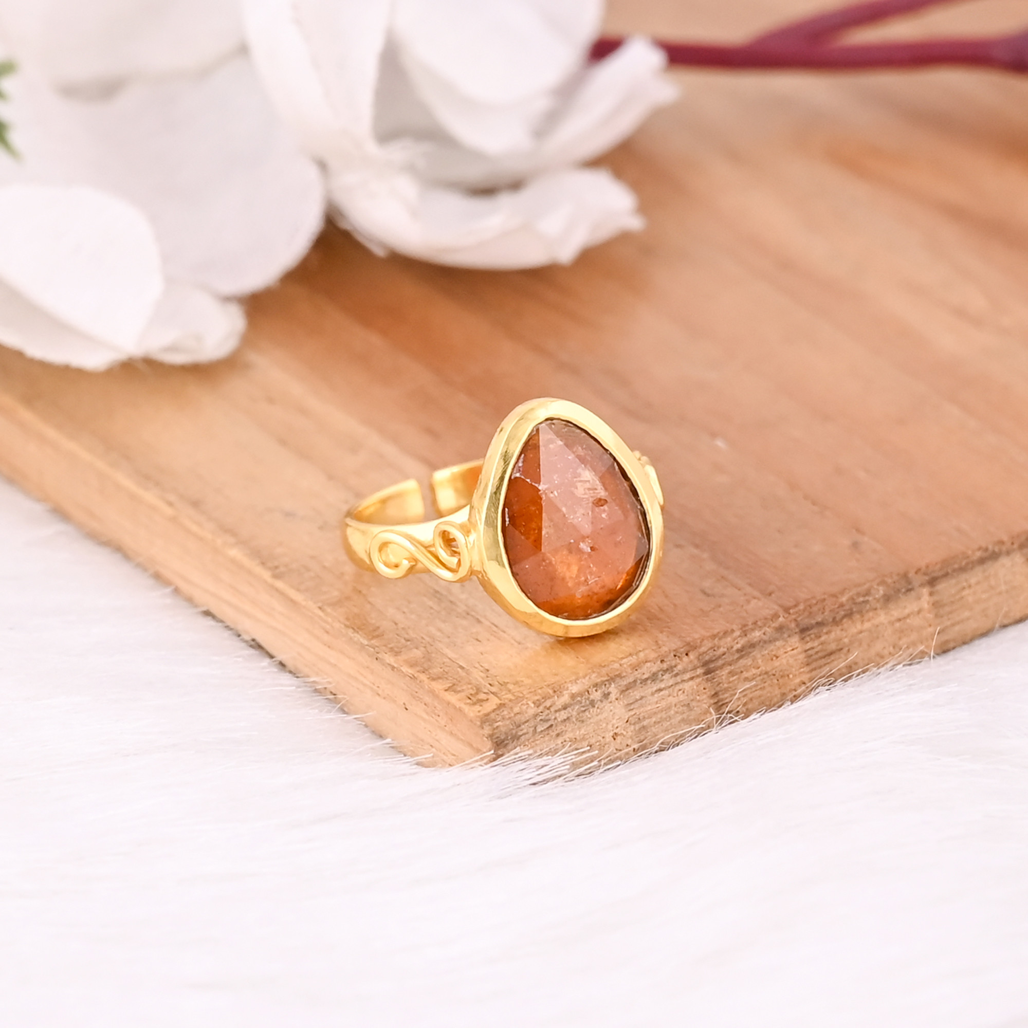 Solid 925 Sterling Silver Yellow Gold Plated Orange Kyanite Gemstone Handmade Adjustable Stackable Bohemian Ring