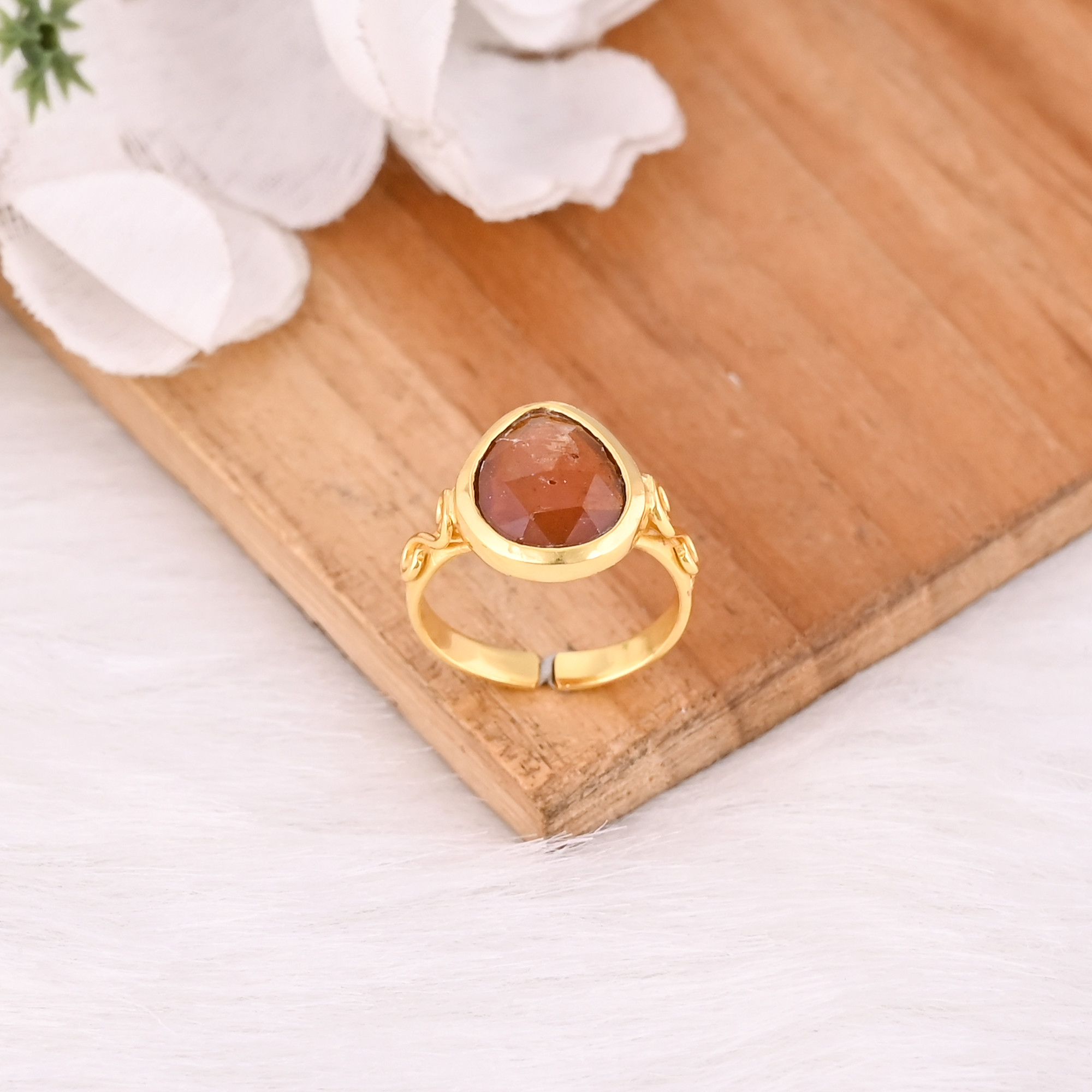 Solid 925 Sterling Silver Yellow Gold Plated Orange Kyanite Gemstone Handmade Adjustable Stackable Bohemian Ring