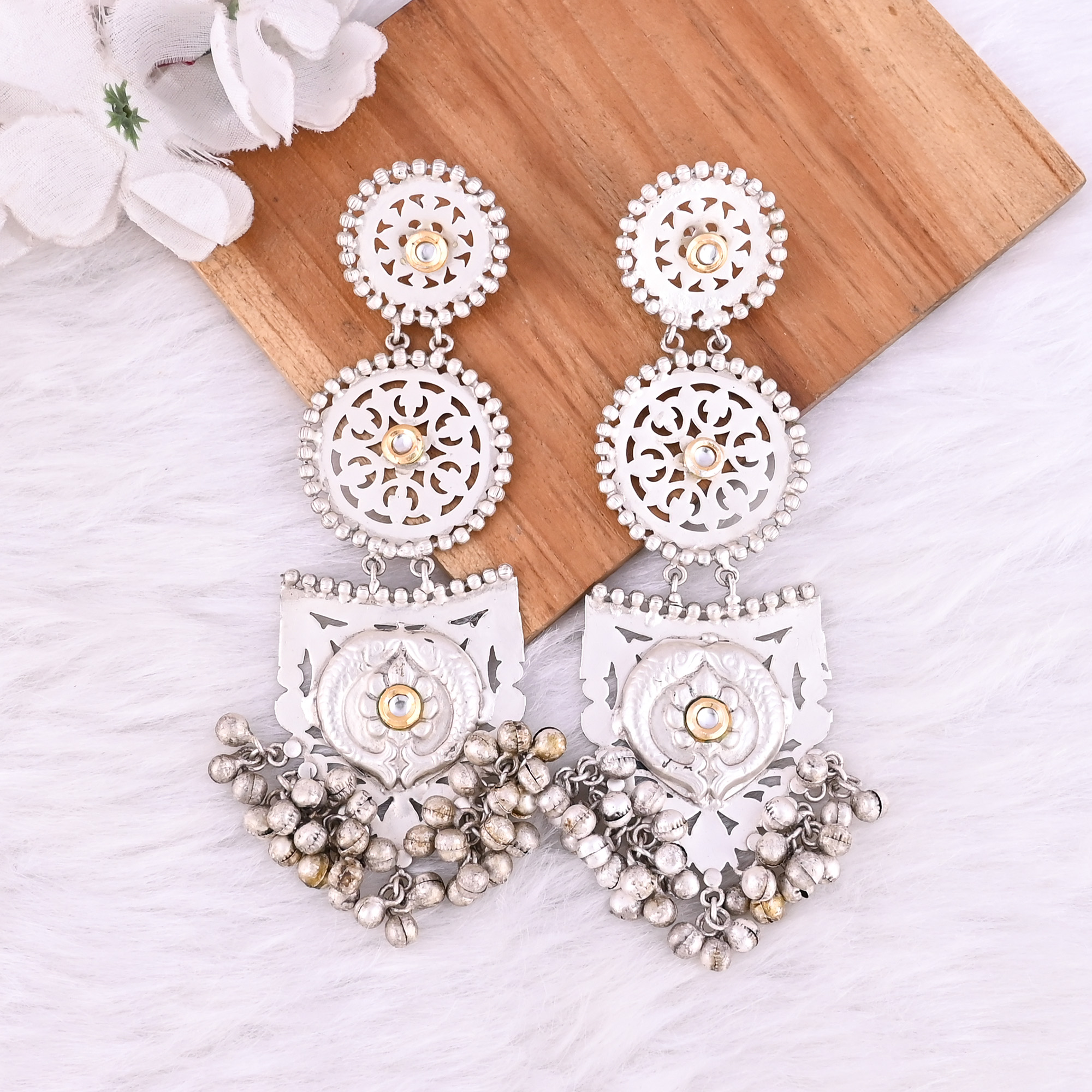 Kundan German Silver Ethnic Ghungroo Design Long Dangler Earrings