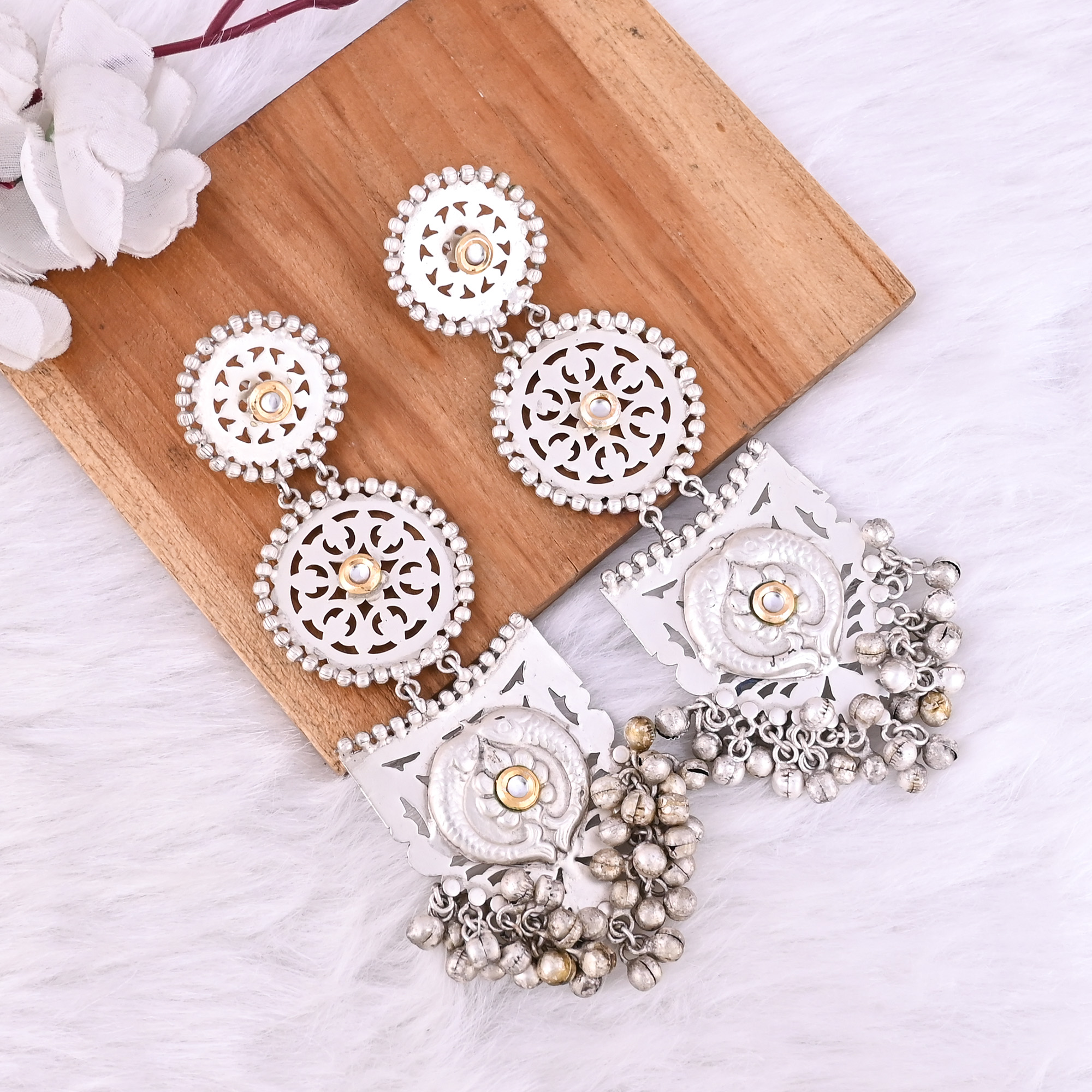 Kundan German Silver Ethnic Ghungroo Design Long Dangler Earrings