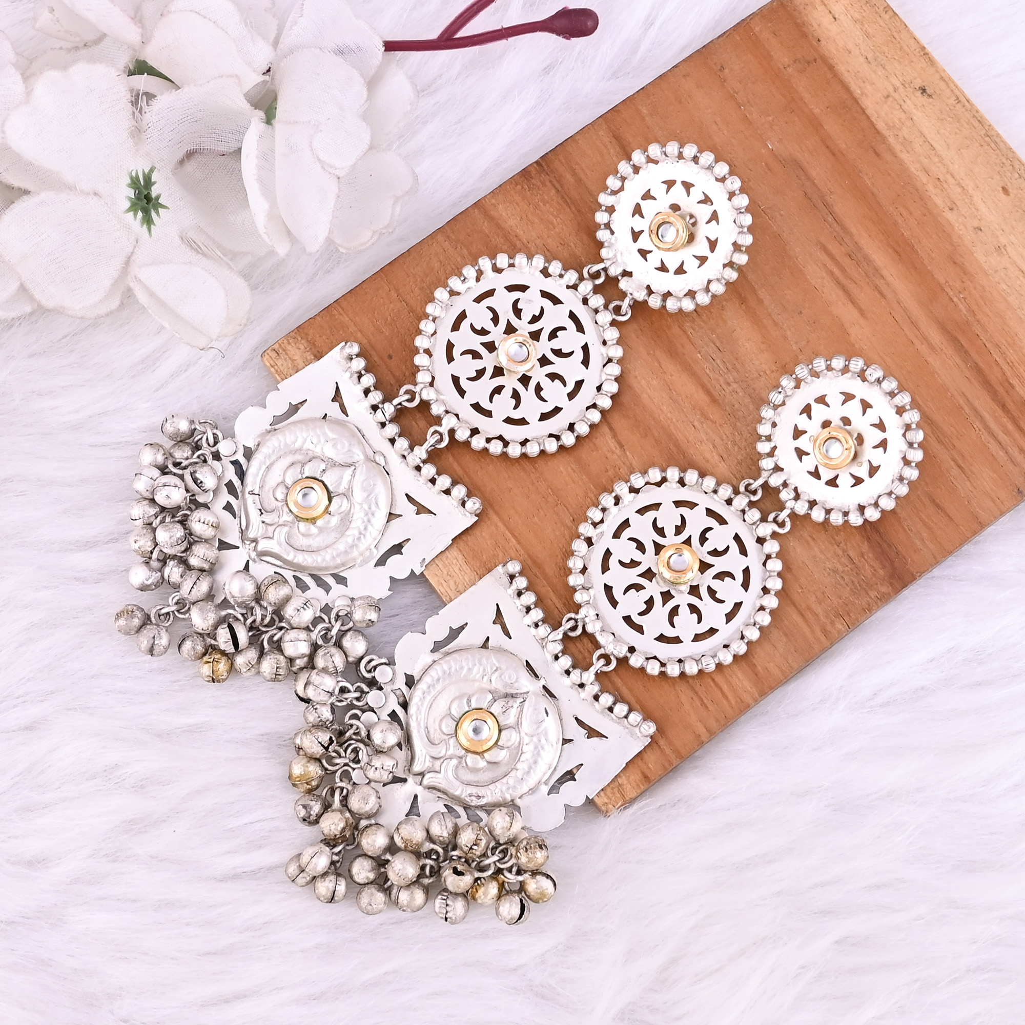 Kundan German Silver Ethnic Ghungroo Design Long Dangler Earrings