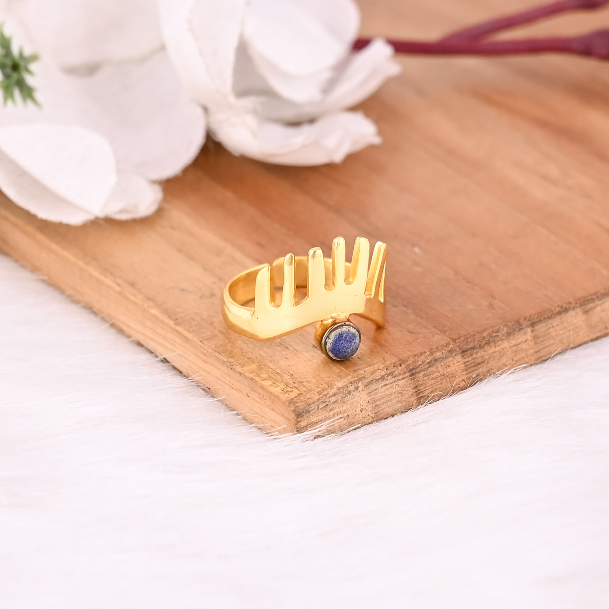 Solid 925 Sterling Silver Lapis Lazuli Gemstone Yellow Gold Plated Crown Designer Unique Gift Womens Ring Adjustable Jewelry