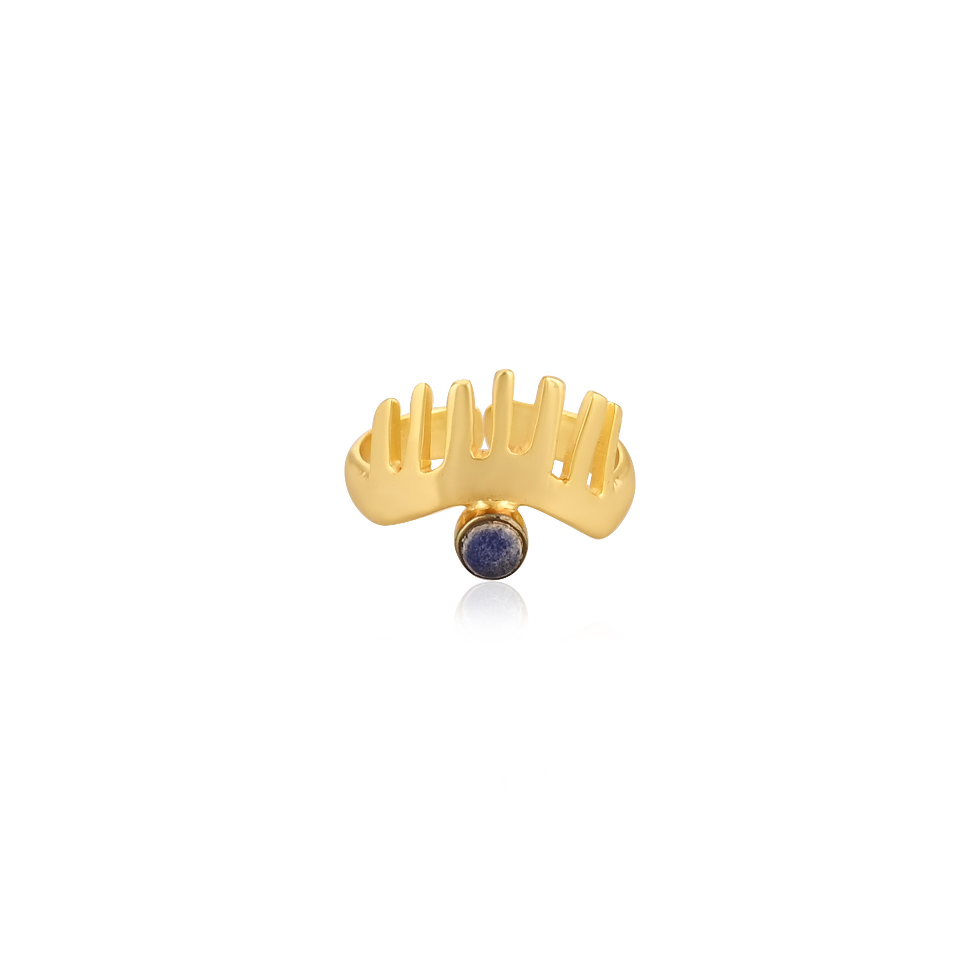Solid 925 Sterling Silver Lapis Lazuli Gemstone Yellow Gold Plated Crown Designer Unique Gift Womens Ring Adjustable Jewelry