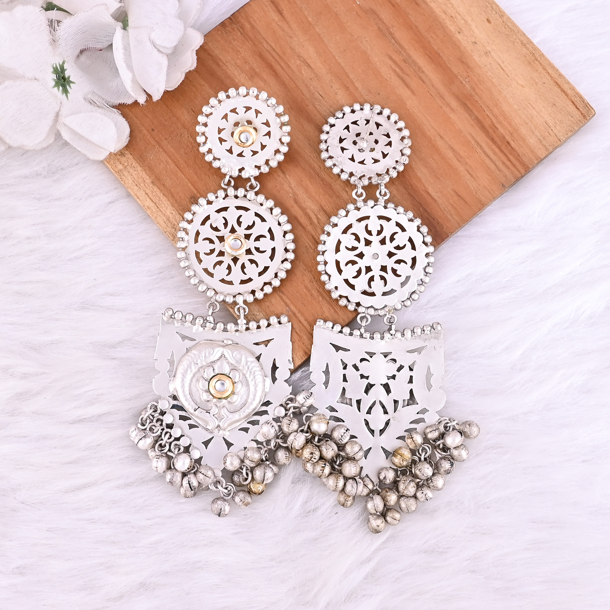 Kundan German Silver Ethnic Ghungroo Design Long Dangler Earrings