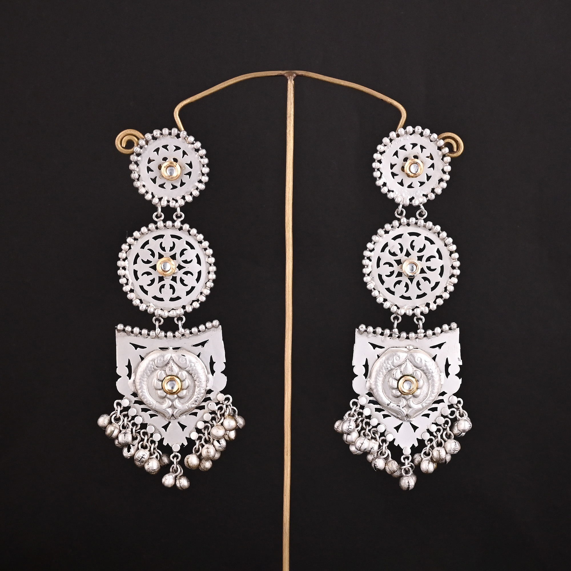 Kundan German Silver Ethnic Ghungroo Design Long Dangler Earrings
