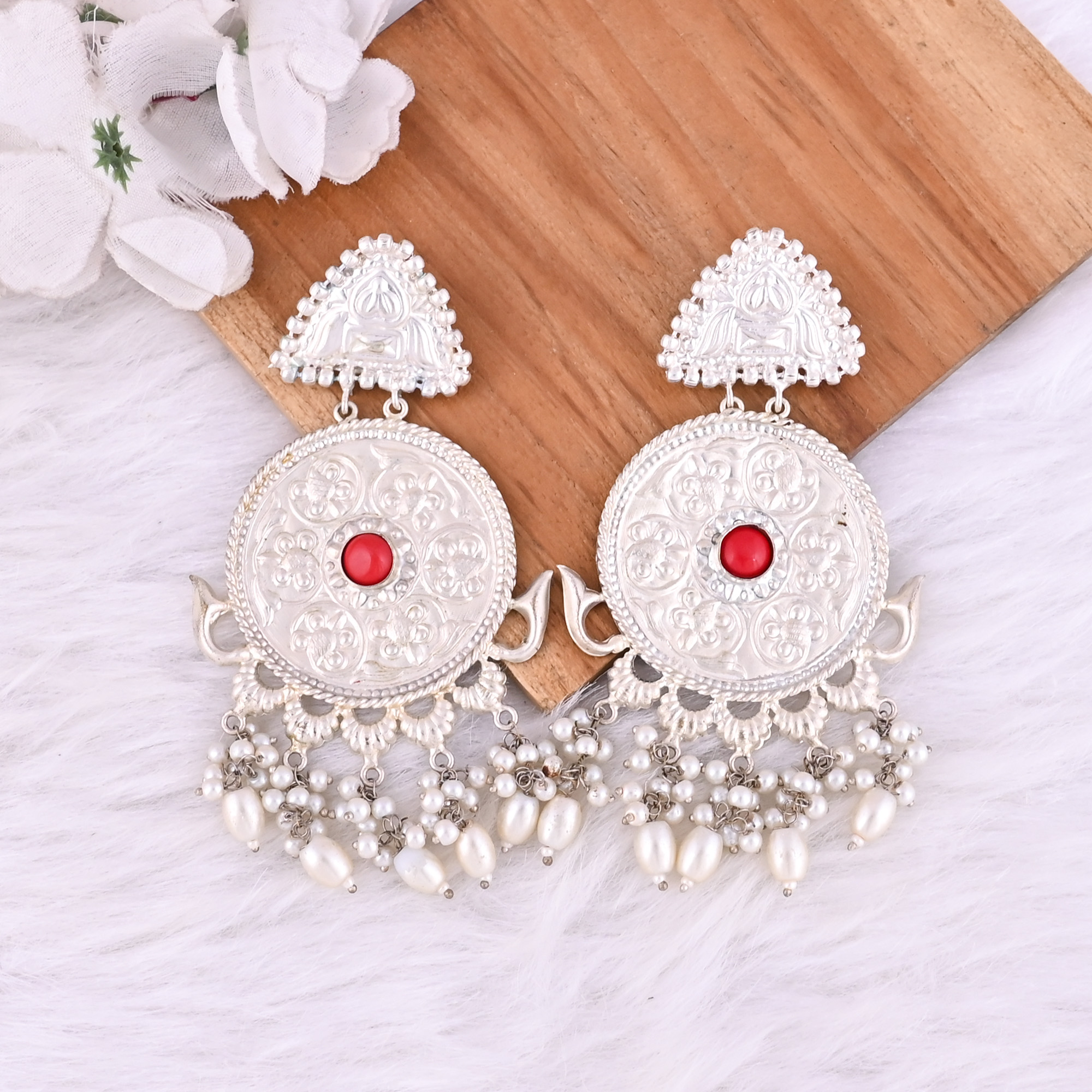 Red Coral Pearl Stone German Silver Ethnic Design Dangle Earring