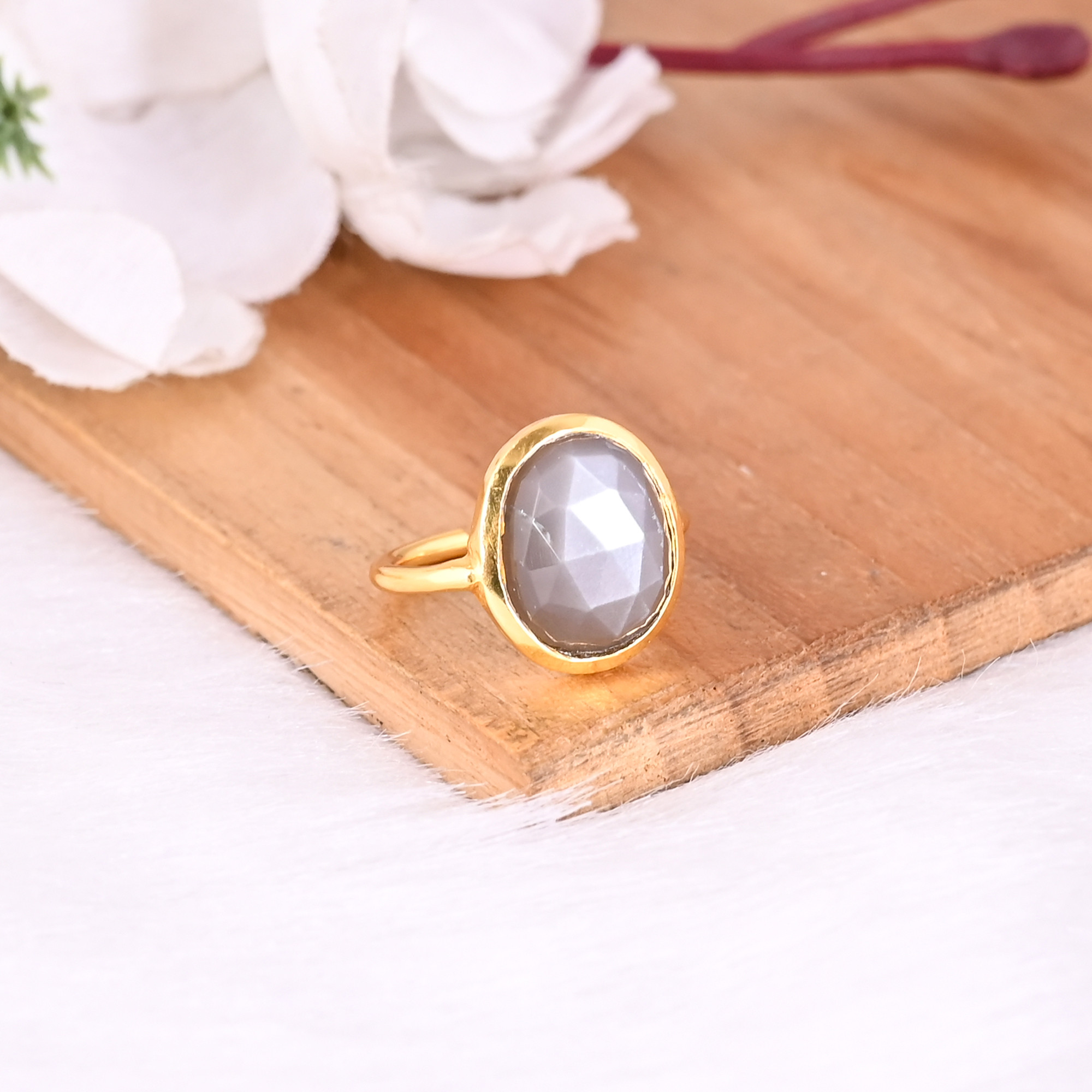 Grey Moonstone Gemstone Solid 925 Sterling Silver Yellow Gold Plated Handmade Adjustable Ring Wholesale Ring