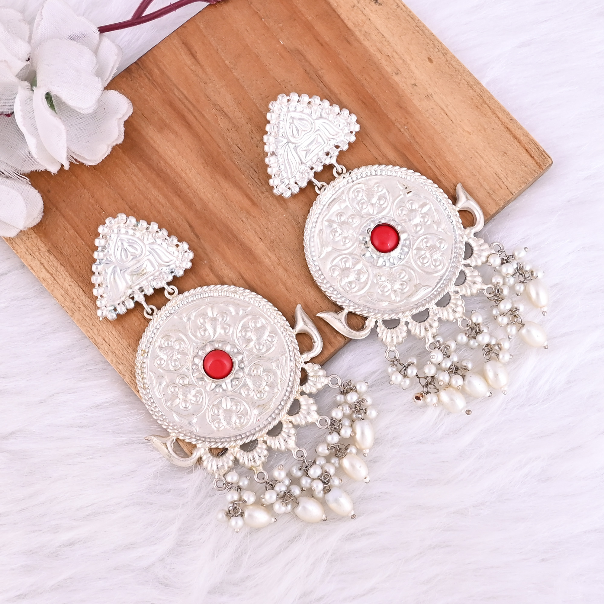 Red Coral Pearl Stone German Silver Ethnic Design Dangle Earring