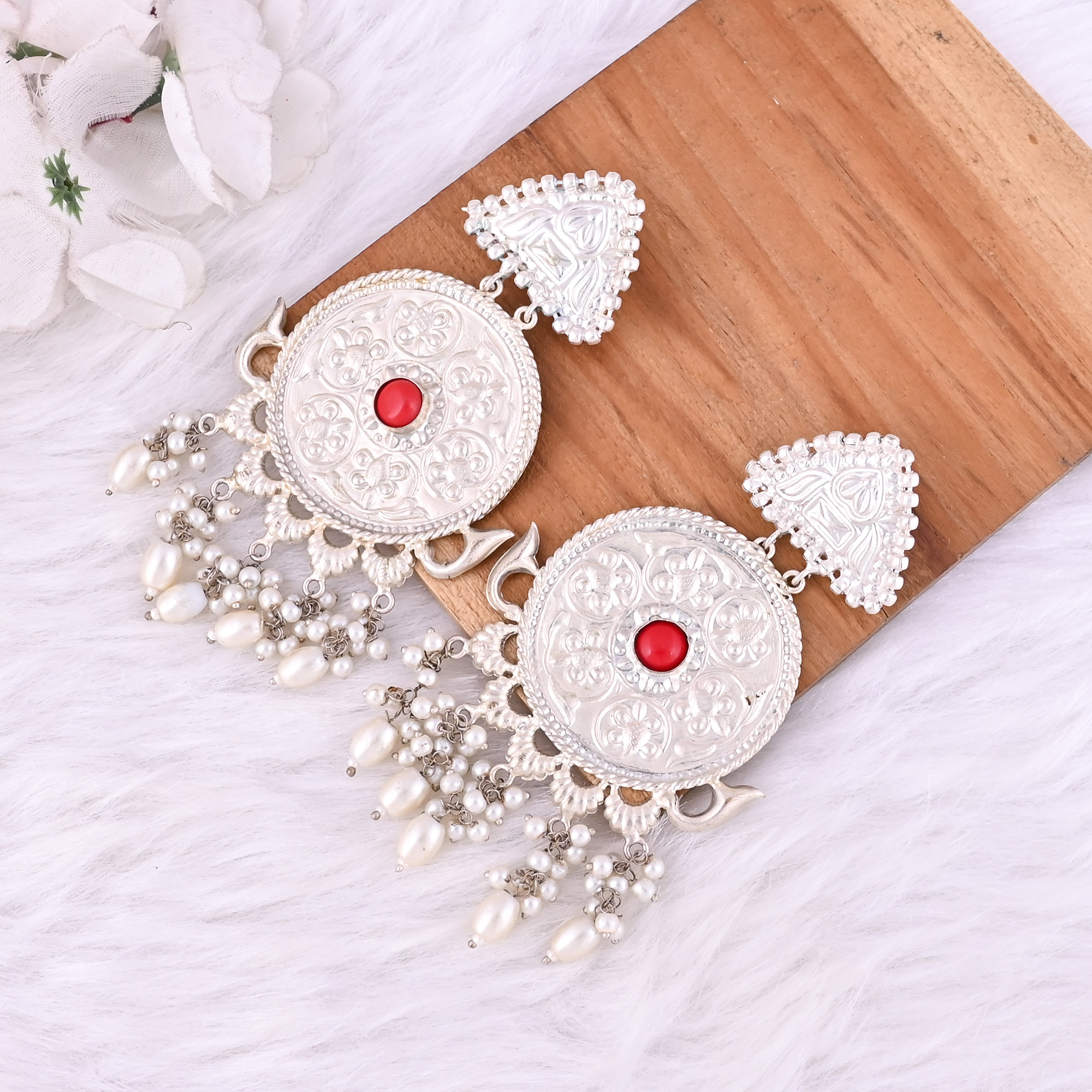 Red Coral Pearl Stone German Silver Ethnic Design Dangle Earring