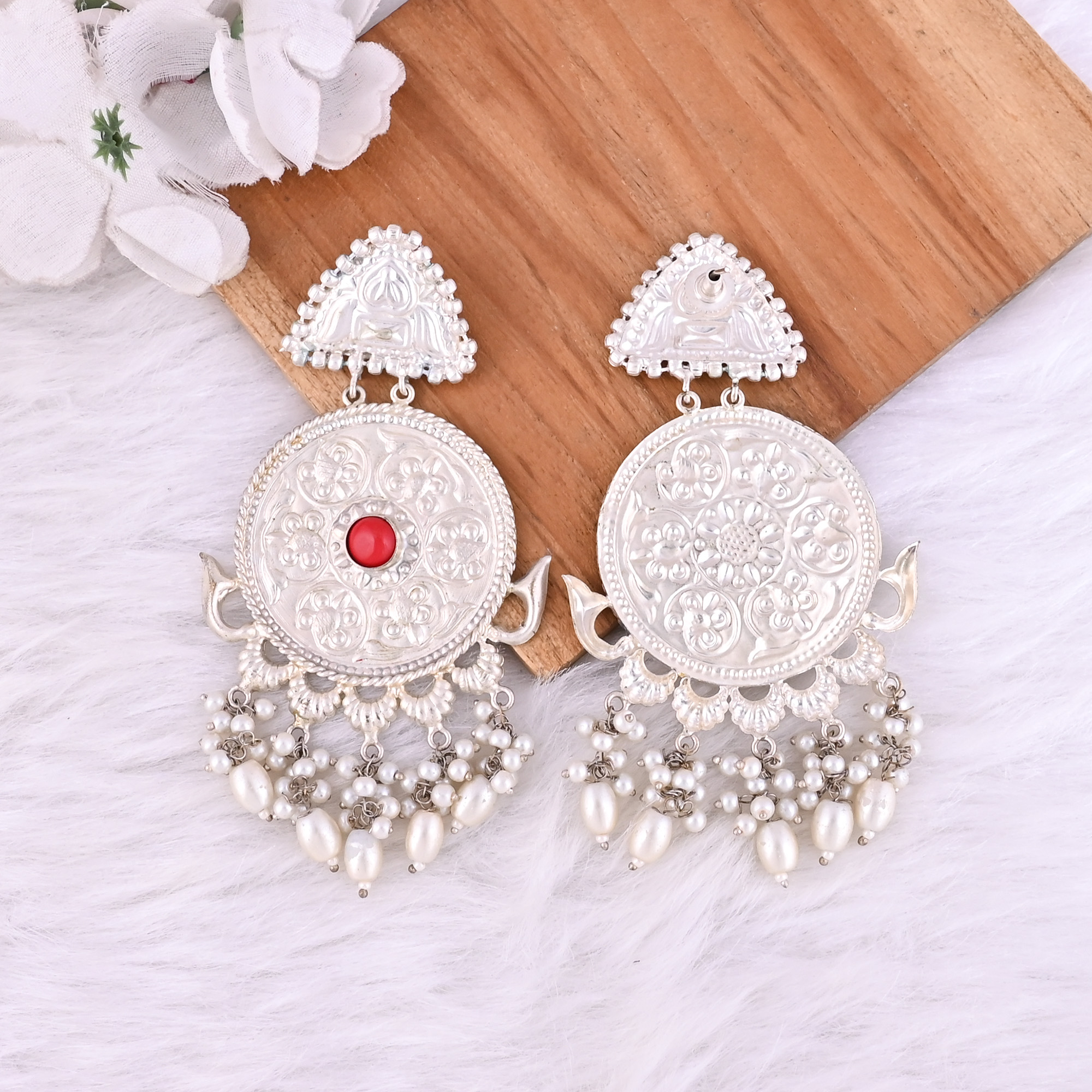Red Coral Pearl Stone German Silver Ethnic Design Dangle Earring