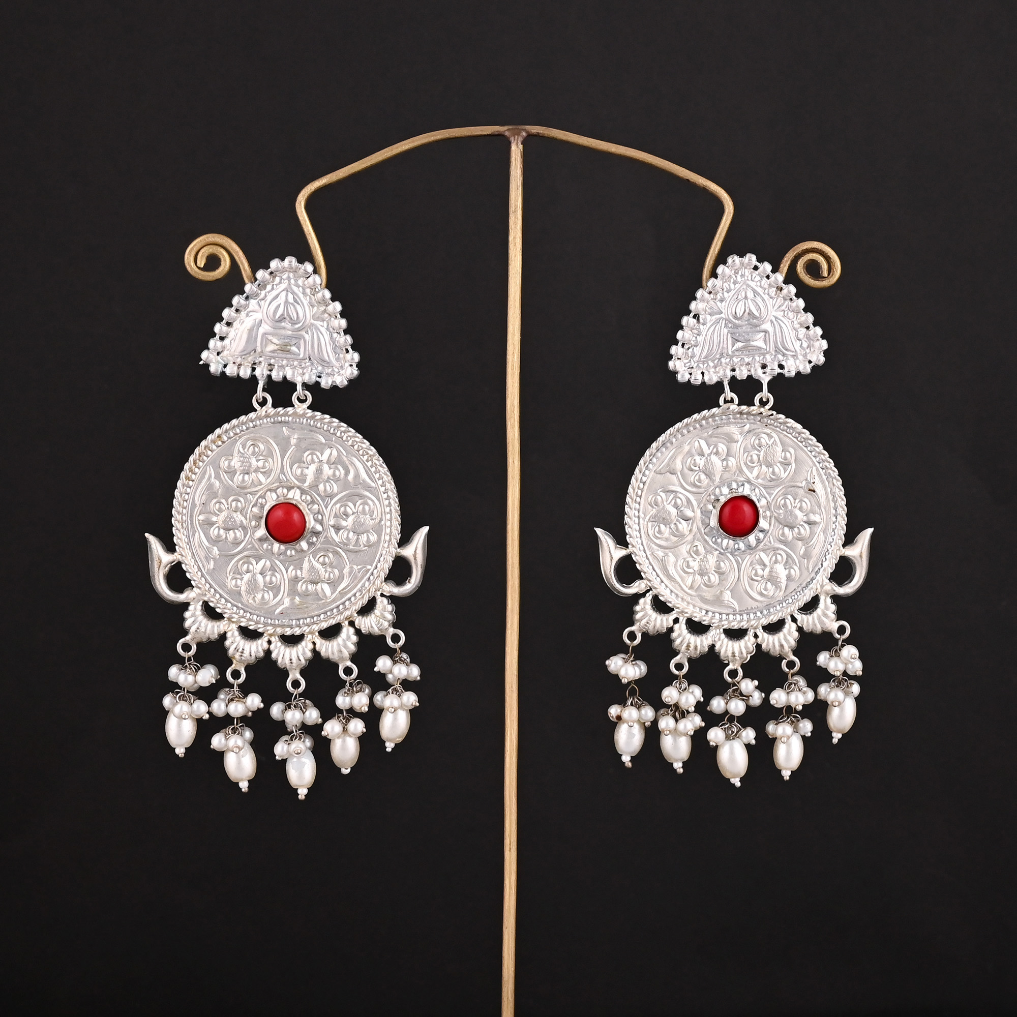 Red Coral Pearl Stone German Silver Ethnic Design Dangle Earring