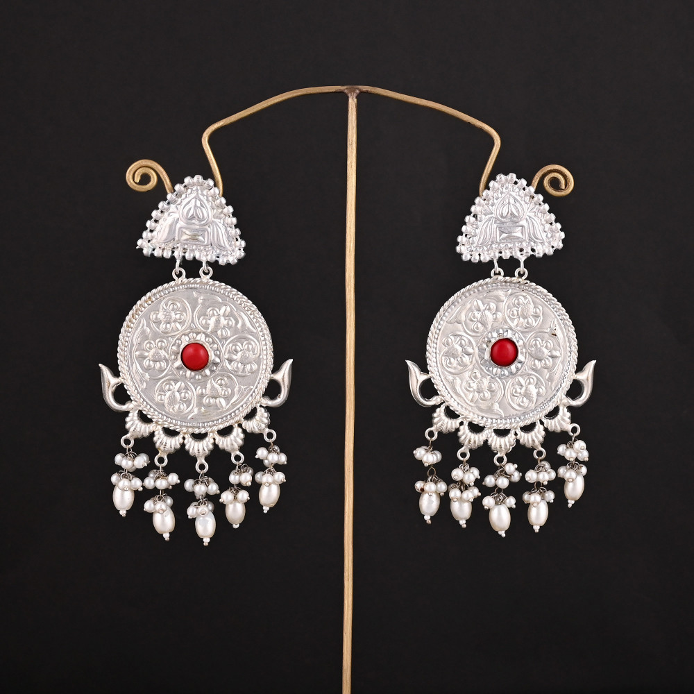 Image of Red Coral, Pearl Stone German Silver Ethnic Design Dangle Earring