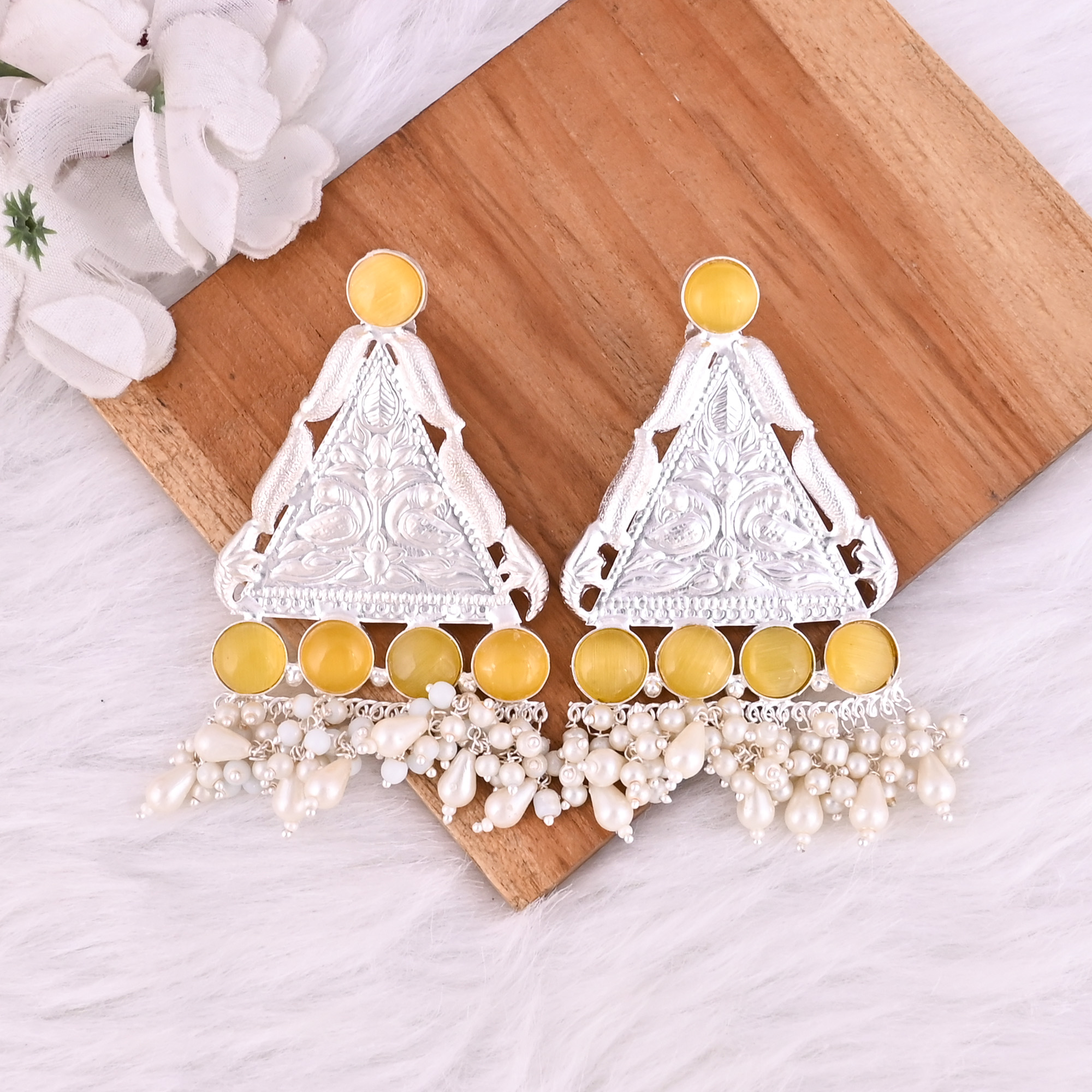Yellow Cats Pearls German Silver Ethnic Design Dangle Earrings